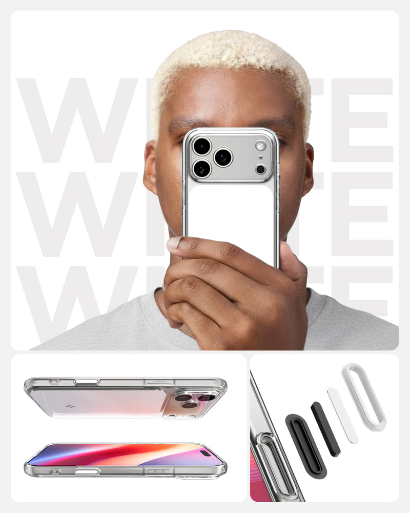 ACS10046 - iPhone 17 Pro Max Ultra Hybrid T (MagFit) in Glossy White showing white letter and person holding Ultra Hybrid T (MagFit) in Glossy White