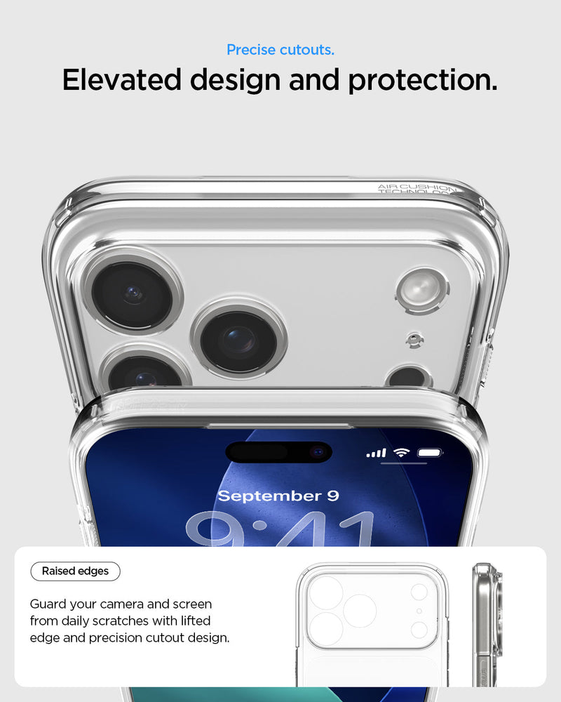 ACS10046 - iPhone 17 Pro Max Ultra Hybrid T (MagFit) in Glossy White showing precise cutouts. elevated design and protection. Raised edges. Guard your camera and screen from daily scratches with lifted edge and precision cutout design.