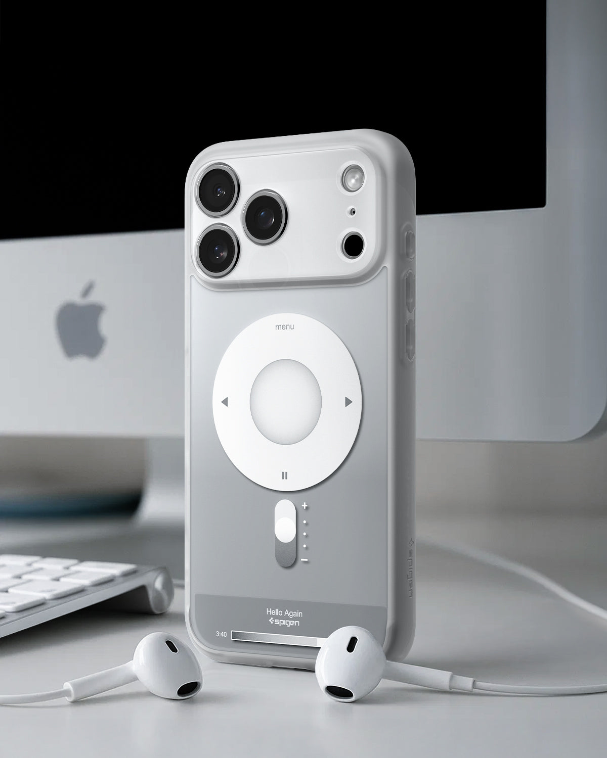 ACS10044 - iPhone 17 Pro Max Case Ultra Hybrid Classic (MagFit) in Classic Silver showing back of the case with airpods