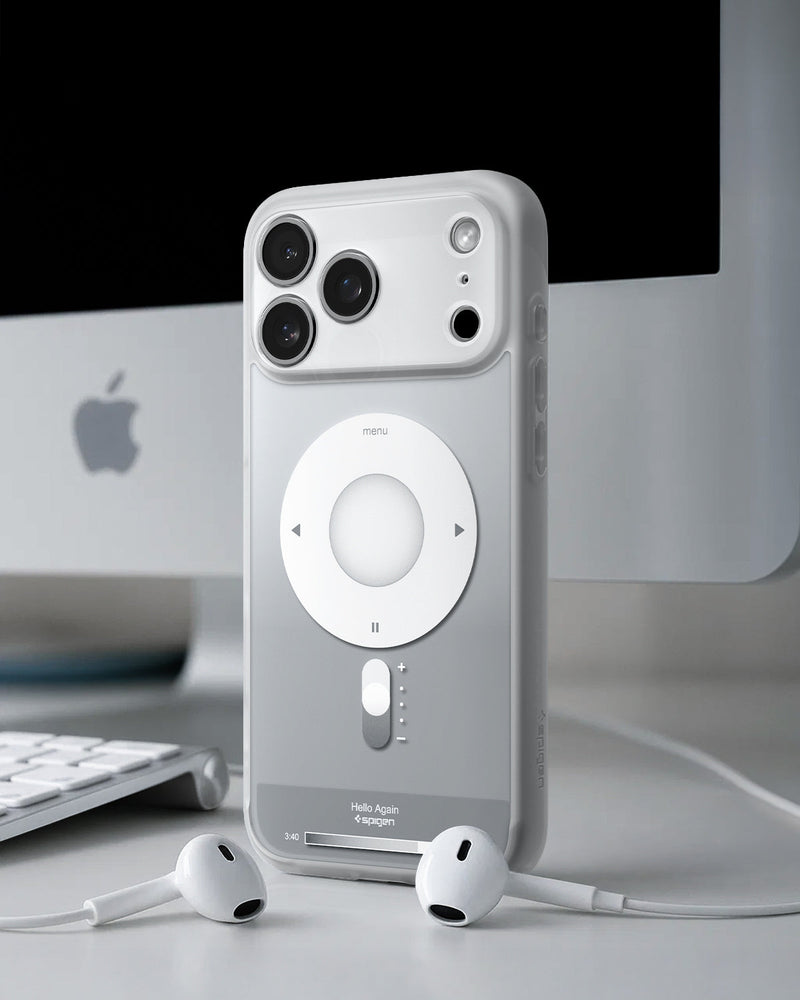 ACS10044 - iPhone 17 Pro Max Case Ultra Hybrid Classic (MagFit) in Classic Silver showing back of the case with airpods