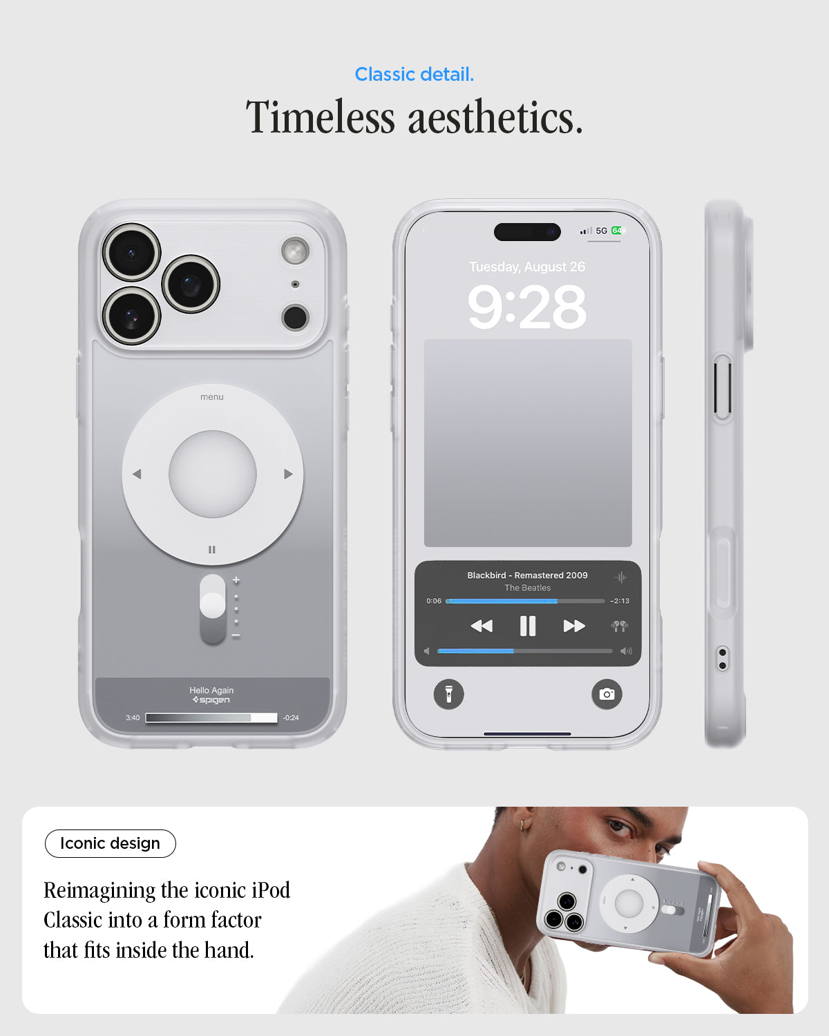 ACS10044 - iPhone 17 Pro Max Case Ultra Hybrid Classic (MagFit) in Classic Silver showing classic detail. timeless aesthetics. iconic design. reimagining the iconic iPod Classic into a form factor that fits inside the hand.