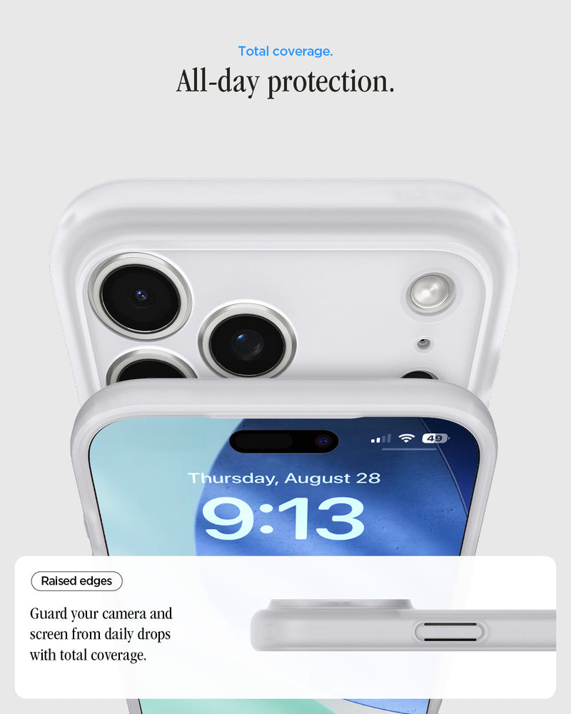 ACS10044 - iPhone 17 Pro Max Case Ultra Hybrid Classic (MagFit) in Classic Silver showing total coverage. all day protection. raised edges. guard your camera and screen from daily drops with total coverage.