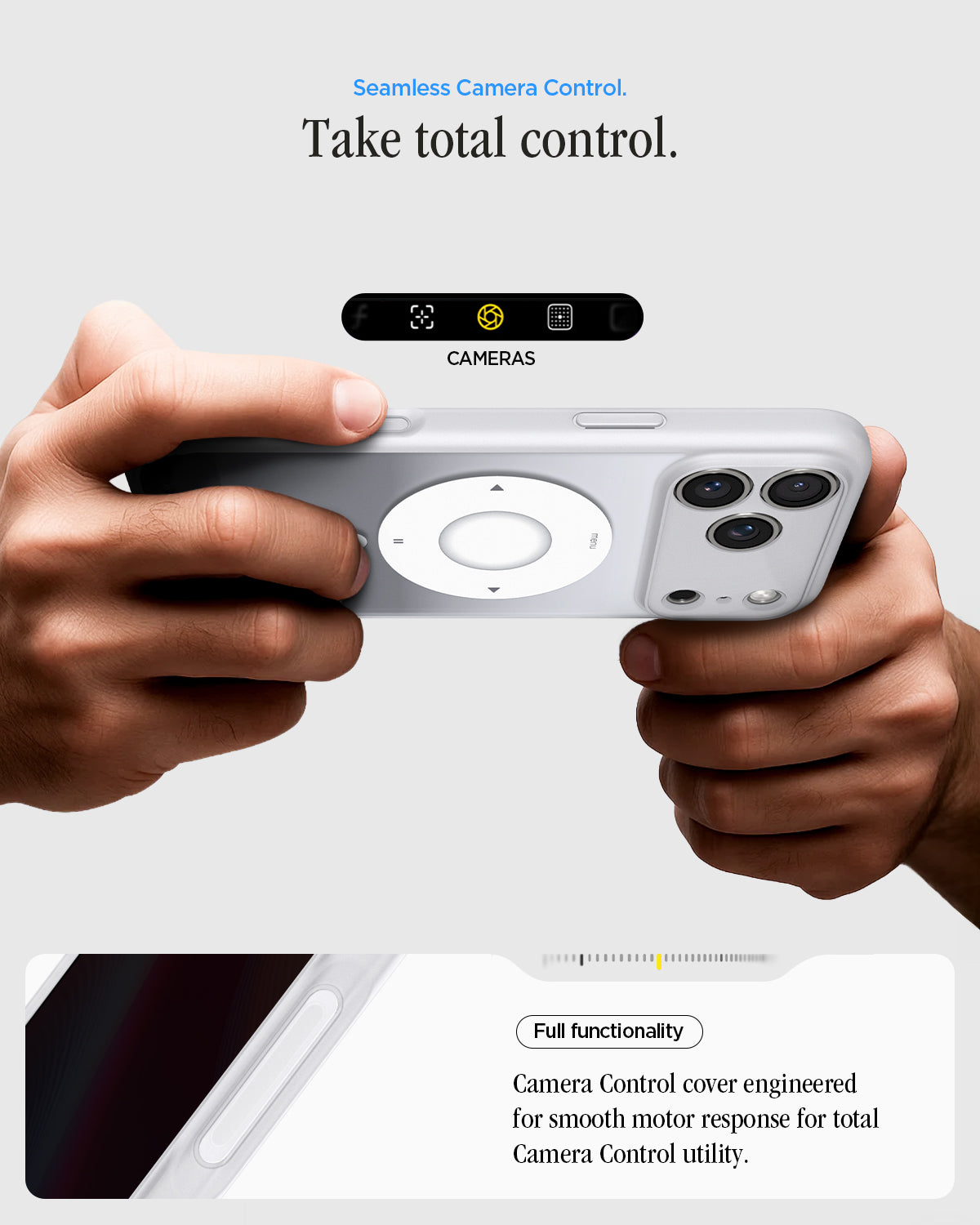 ACS10044 - iPhone 17 Pro Max Case Ultra Hybrid Classic (MagFit) in Classic Silver showing seamless camera control. take total control. Full functionality. Camera control cover engineered for smooth motor response for total camera control utility.