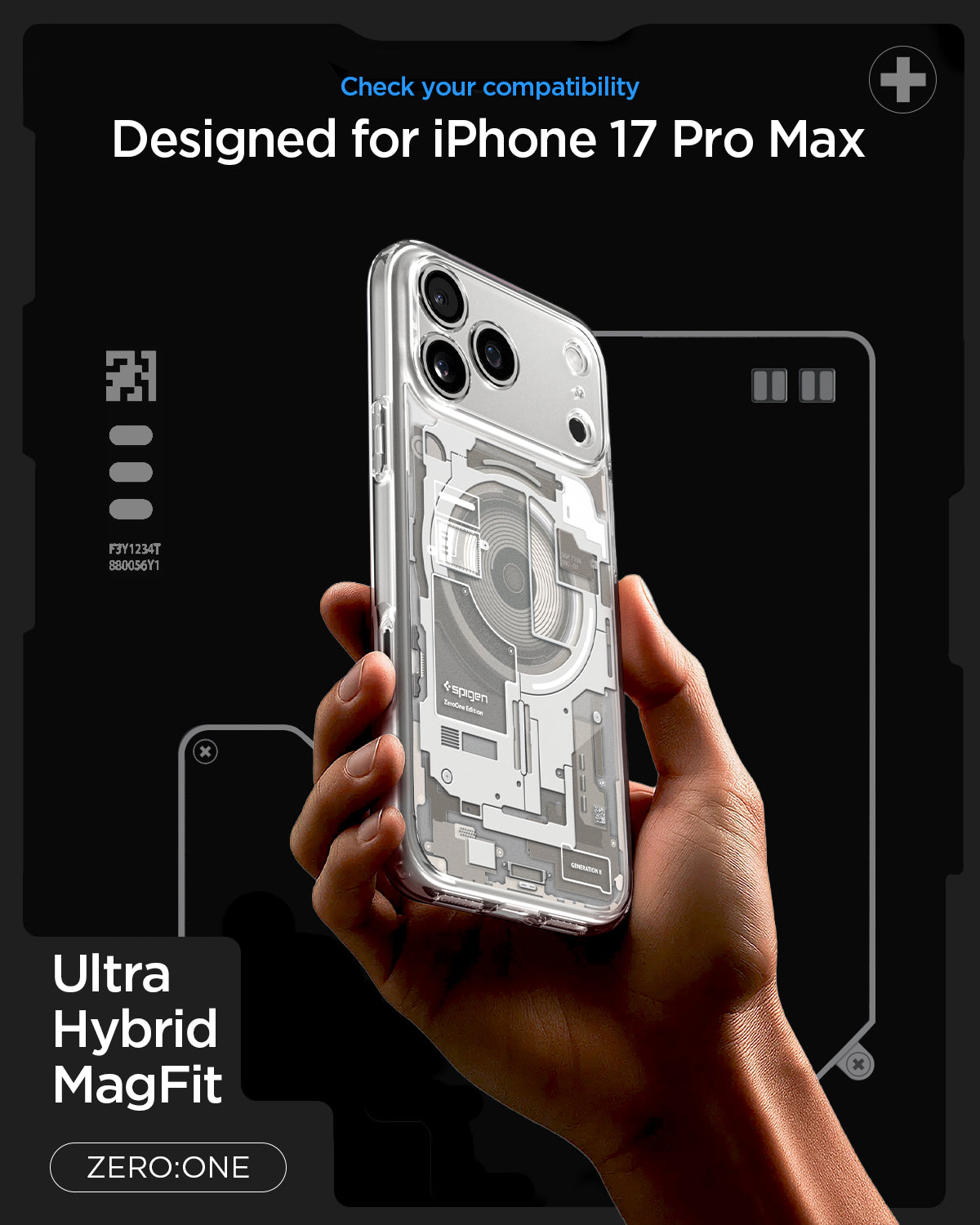 ACS10041 - iPhone 17 Pro Max Case Ultra Hybrid Zero One (MagFit) in Zero One Natural Titanium showing check your compatibility. ultra hybrid magfit
