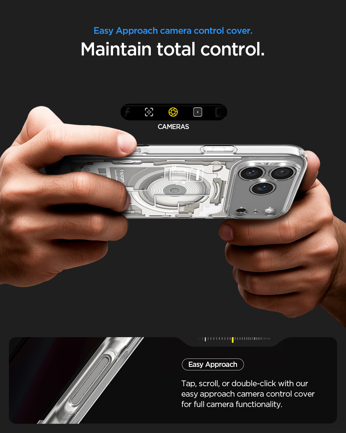 ACS10041 - iPhone 17 Pro Max Case Ultra Hybrid Zero One (MagFit) in Zero One Natural Titanium showing easy approach camera control cover. Maintain total control. Tap, scroll, or double click with out east approach camera control cover for full camera functionality.