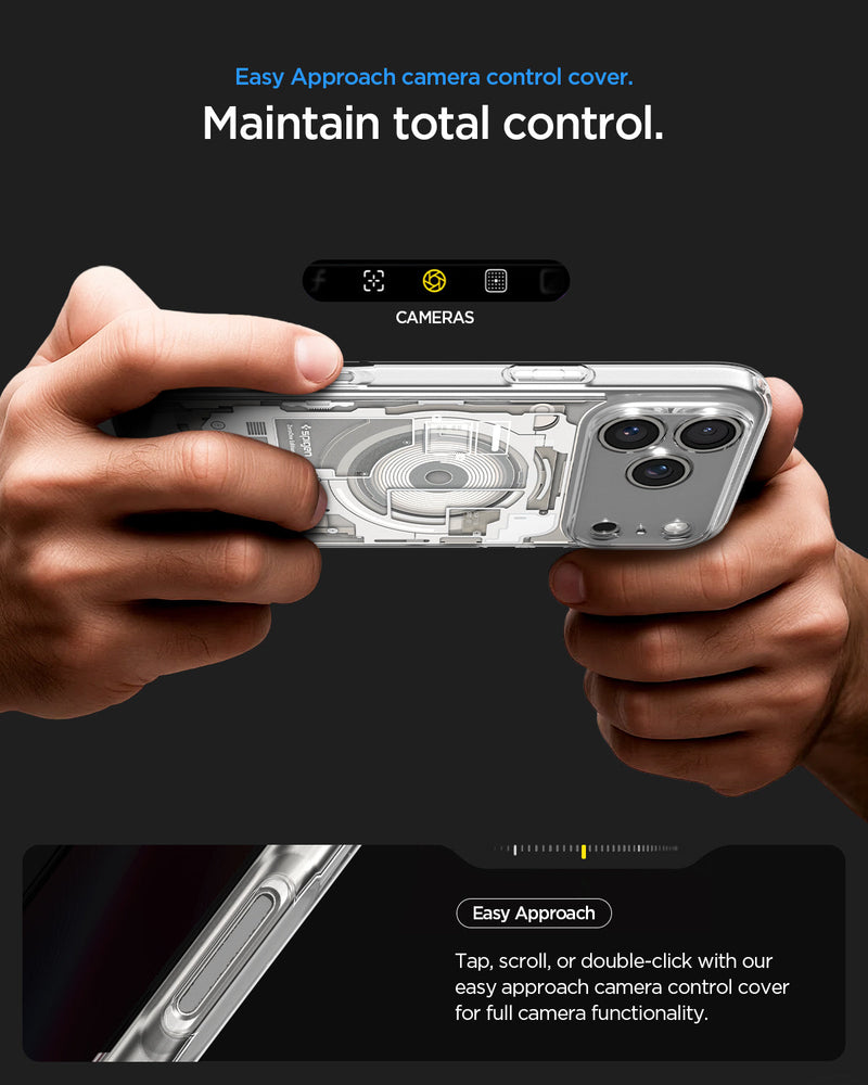 ACS10041 - iPhone 17 Pro Max Case Ultra Hybrid Zero One (MagFit) in Zero One Natural Titanium showing easy approach camera control cover. Maintain total control. Tap, scroll, or double click with out east approach camera control cover for full camera functionality.