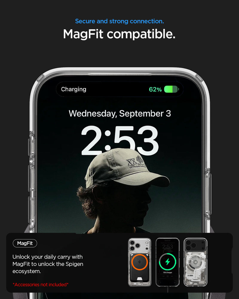 ACS10041 - iPhone 17 Pro Max Case Ultra Hybrid Zero One (MagFit) in Zero One Natural Titanium showing secure and strong connection. magfit compatible. unlock your daily carry with magfit to unlock the spigen ecosystem.