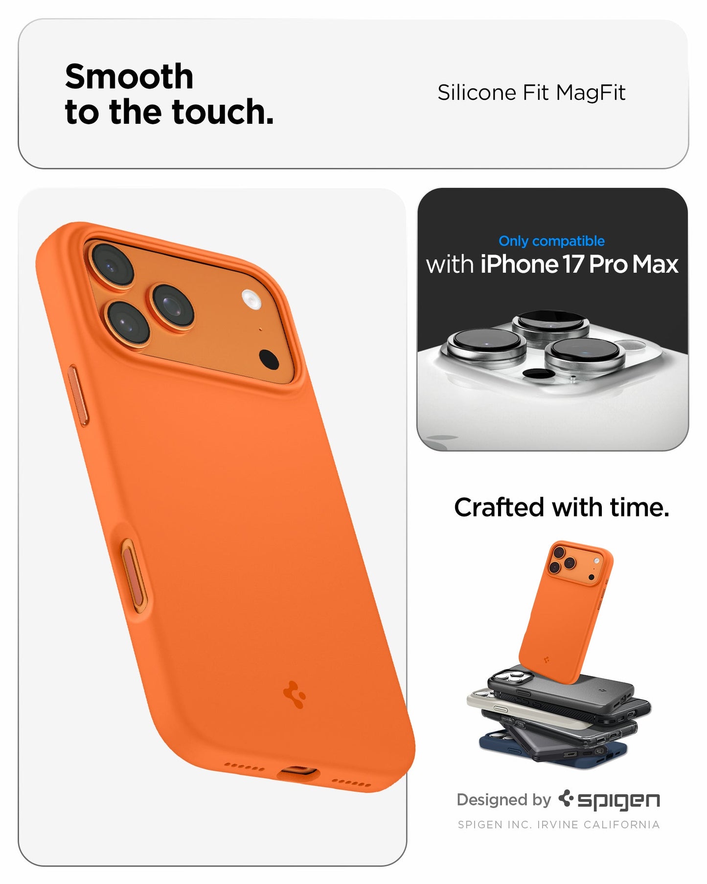 ACS11378 - iPhone 17 Pro Max Silicone Fit (Mag Fit) in Cosmic Orange showing smooth to the touch. designed by spigen.