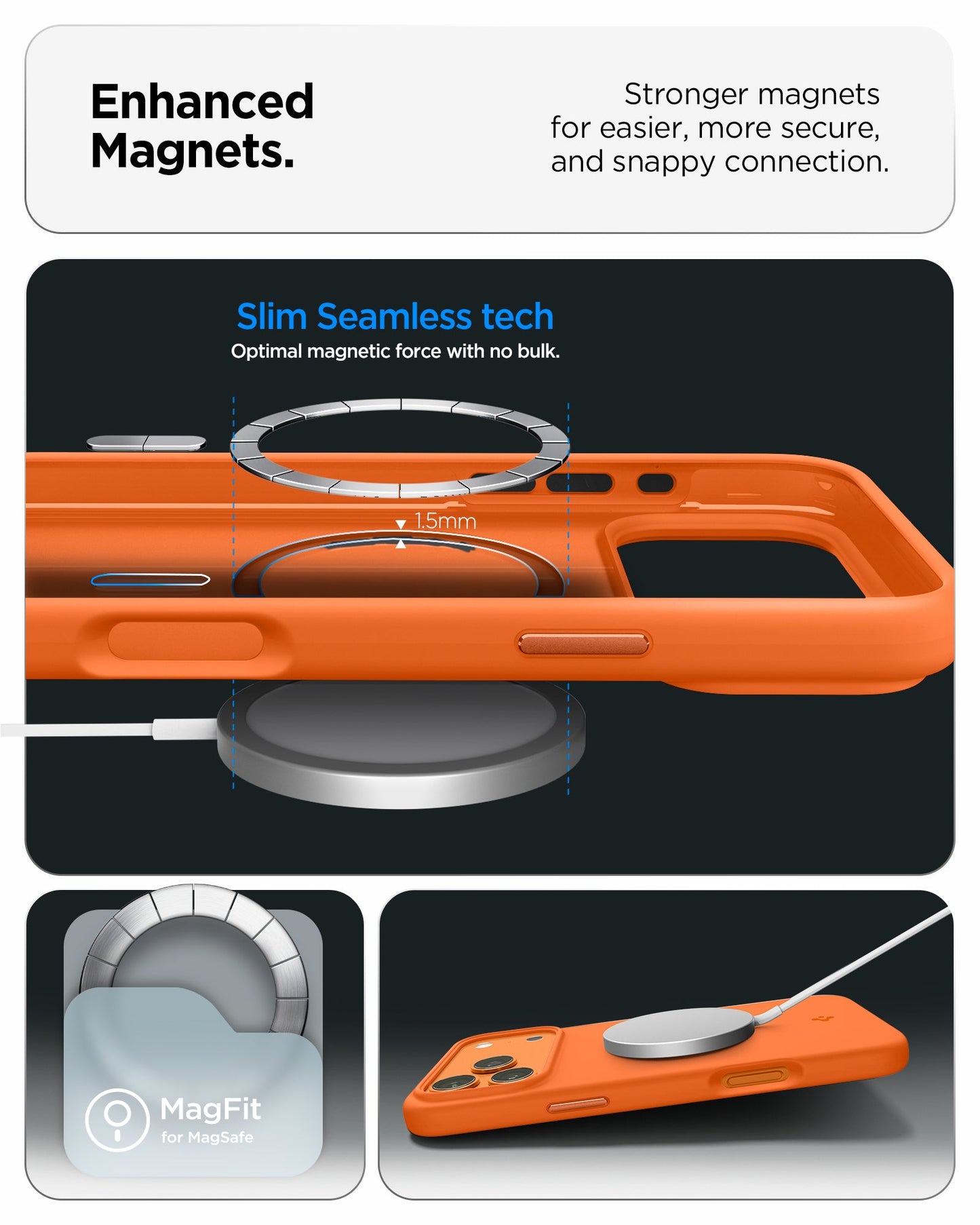 ACS11378 - iPhone 17 Pro Max Silicone Fit (Mag Fit) in Cosmic Orange showing enhanced magnets. stronger magnets for easier more secure and snappy connection.