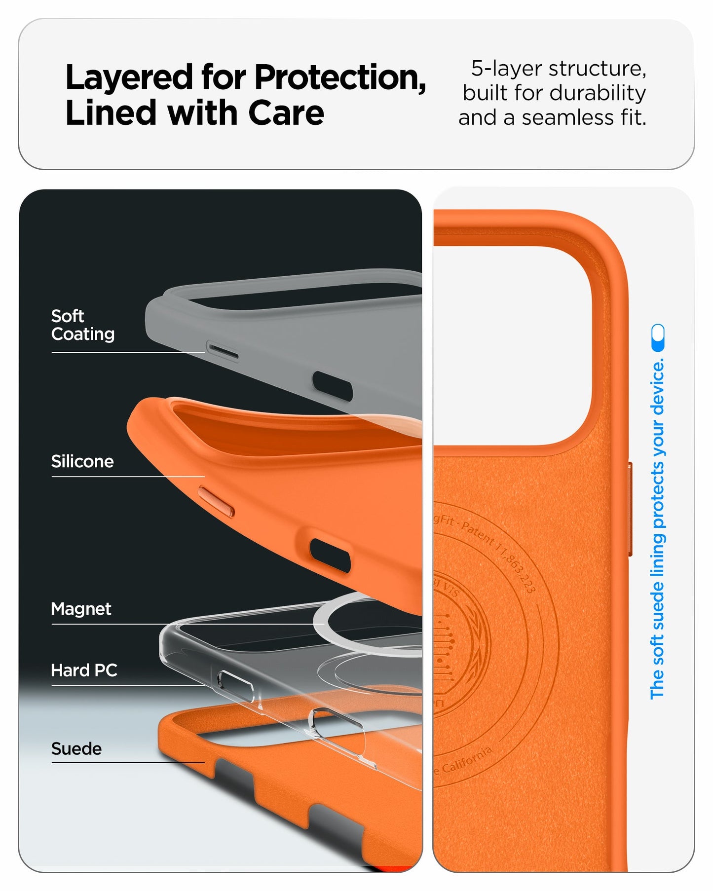 ACS11378 - iPhone 17 Pro Max Silicone Fit (Mag Fit) in Cosmic Orange showing layered for protection, lined with care. 5 layer structure built for durability and a seamless fit