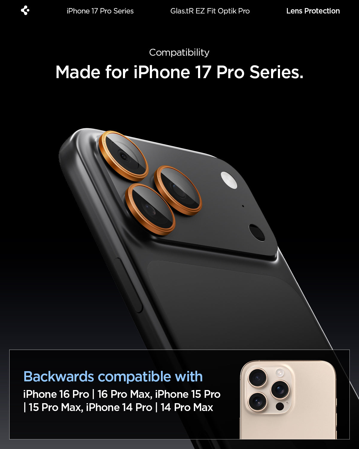 AGL10123 - iPhone 17 Pro Max Optik Pro EZ Fit Lens Protector showing the compatibility. Made for the iPhone 17 Pro series