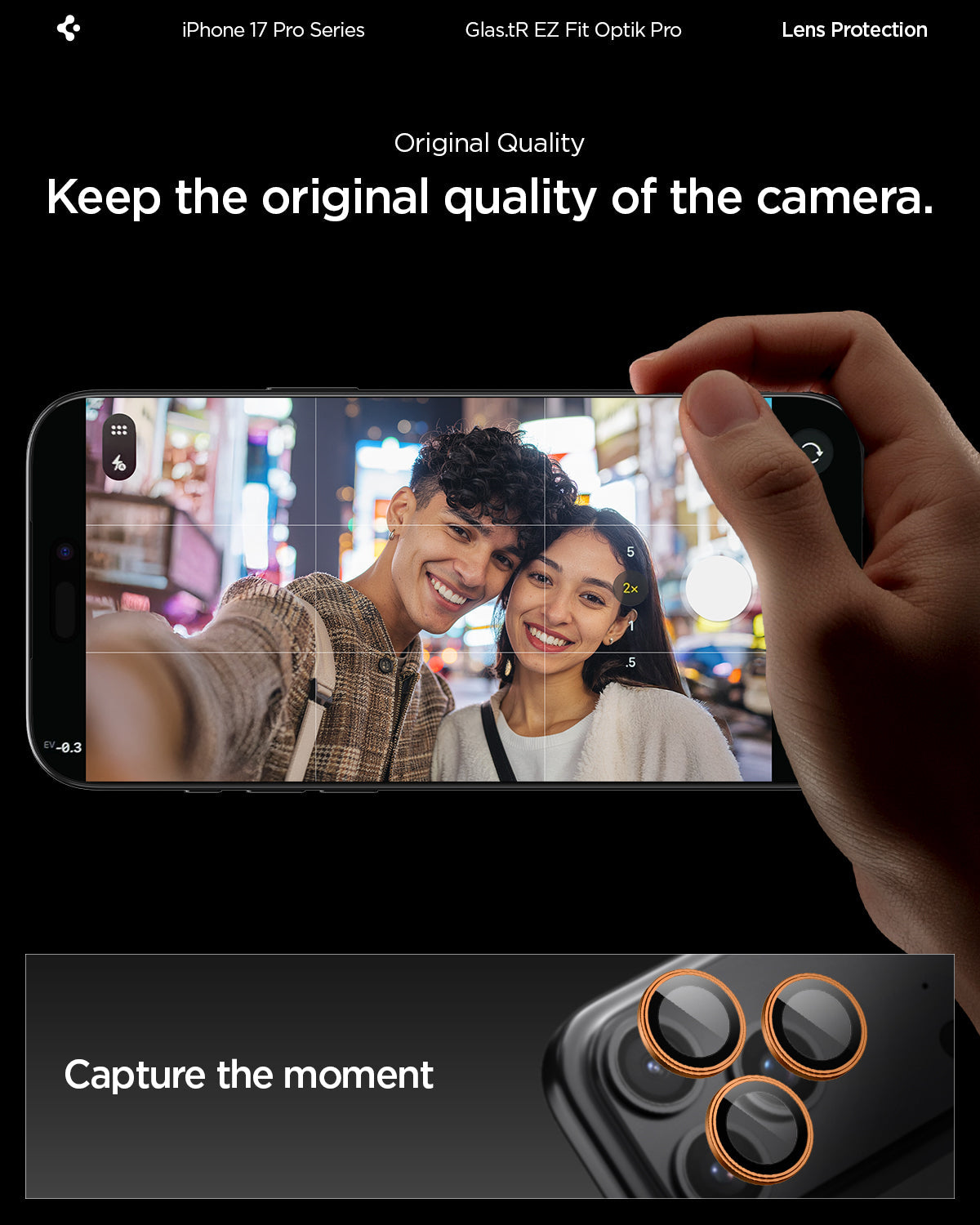 AGL10123 - iPhone 17 Pro Max Optik Pro EZ Fit Lens Protector showing the original quality. Keep the original quality of the camera and capture the moment