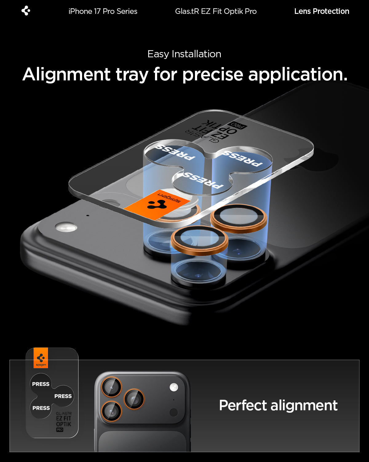AGL10123 - iPhone 17 Pro Max Optik Pro EZ Fit Lens Protector showing the easy installation with alignment tray for precise application