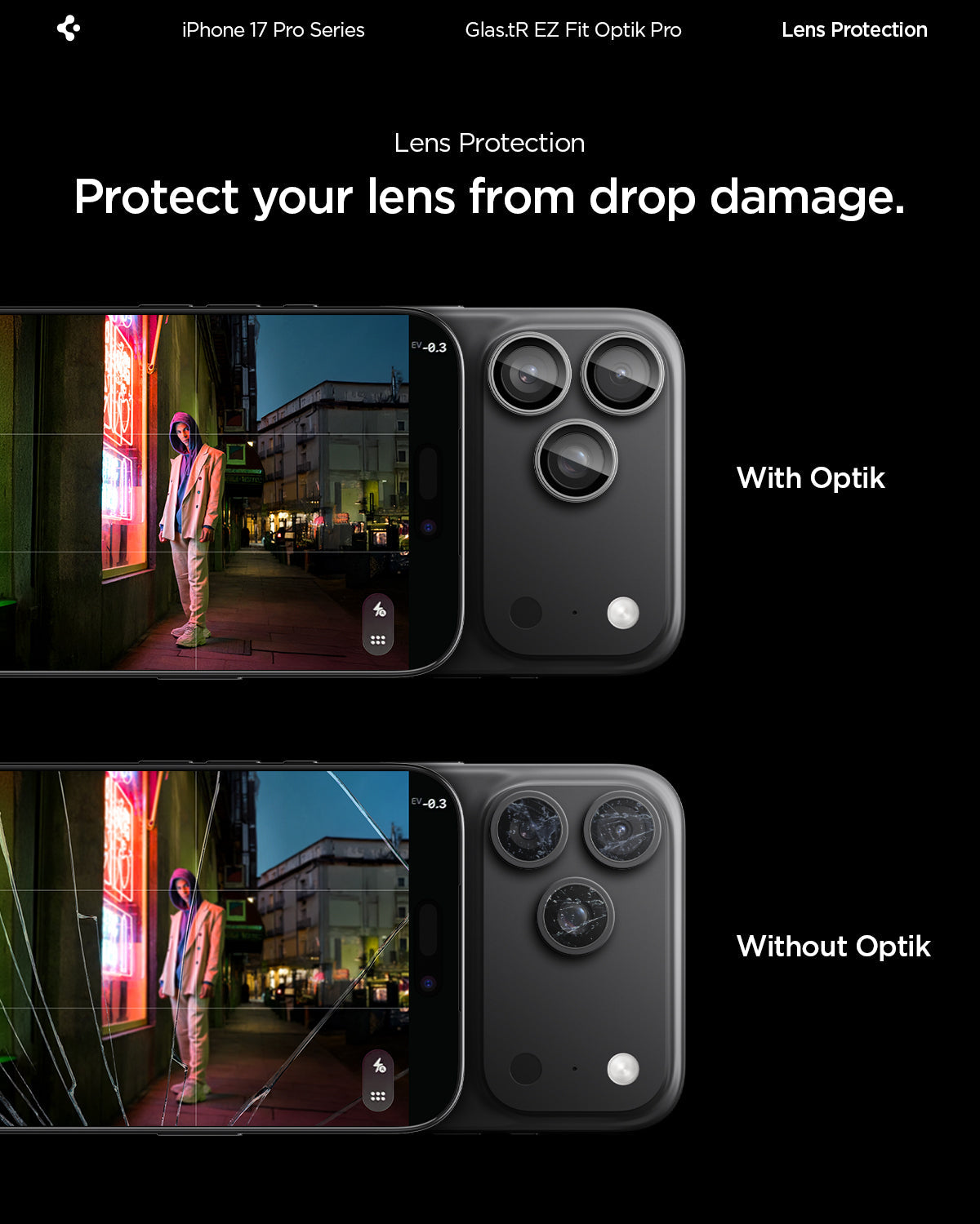 AGL10125 - iPhone 17 Pro Max Optik Pro EZ Fit Lens Protector in gray showing the lens protection. Protect your lens from drop damage.