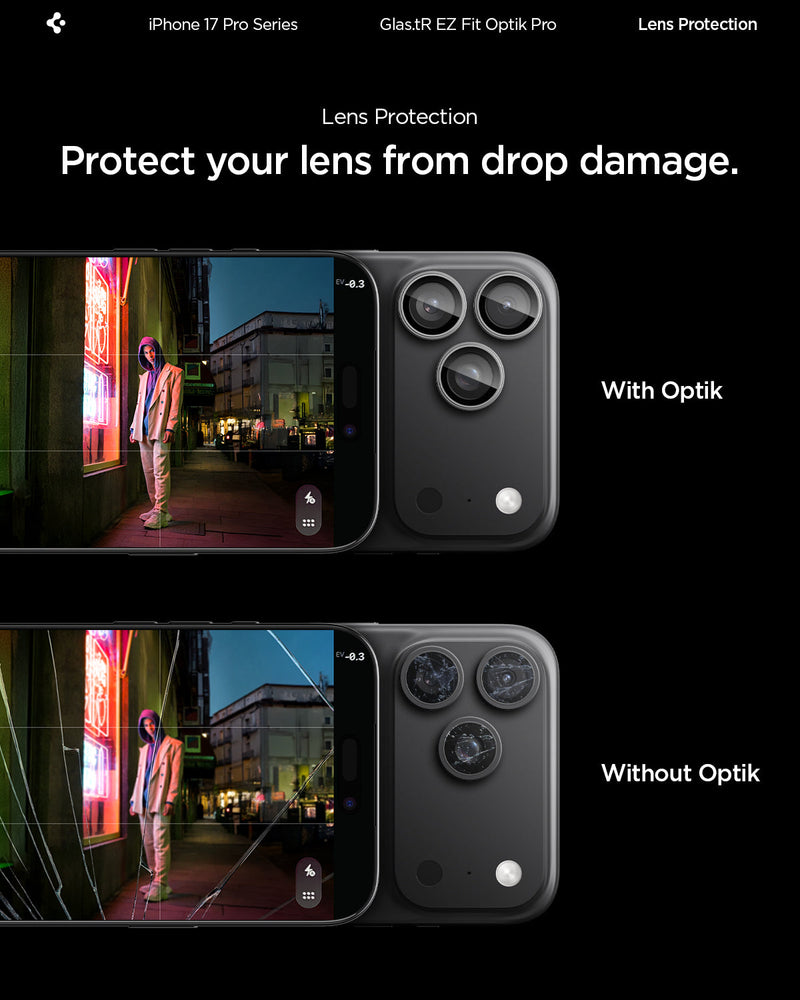 AGL10125 - iPhone 17 Pro Max Optik Pro EZ Fit Lens Protector in gray showing the lens protection. Protect your lens from drop damage.