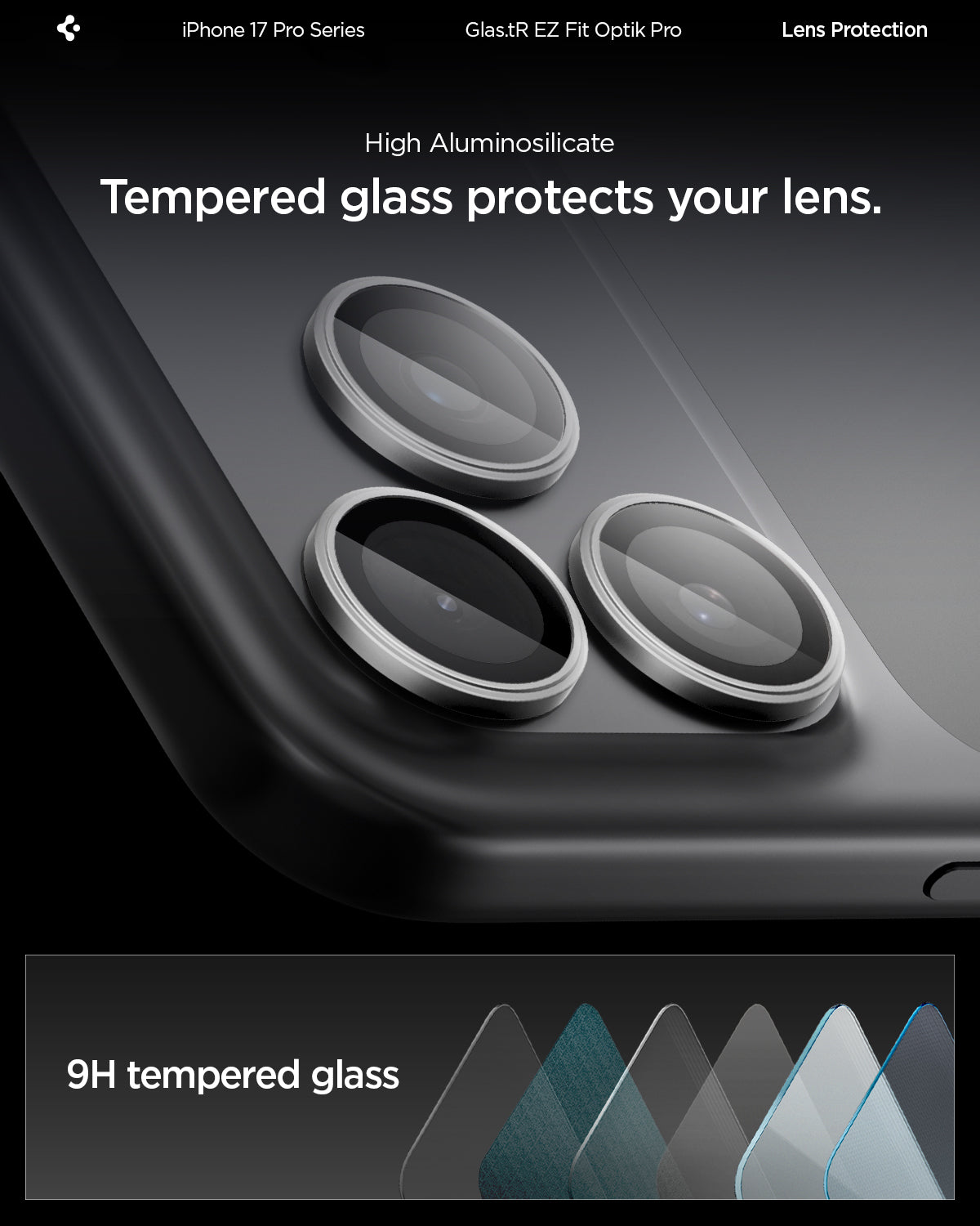 AGL10125 - iPhone 17 Pro Max Optik Pro EZ Fit Lens Protector in gray showing the high aluminosilicate. Tempered glass protects your lens.