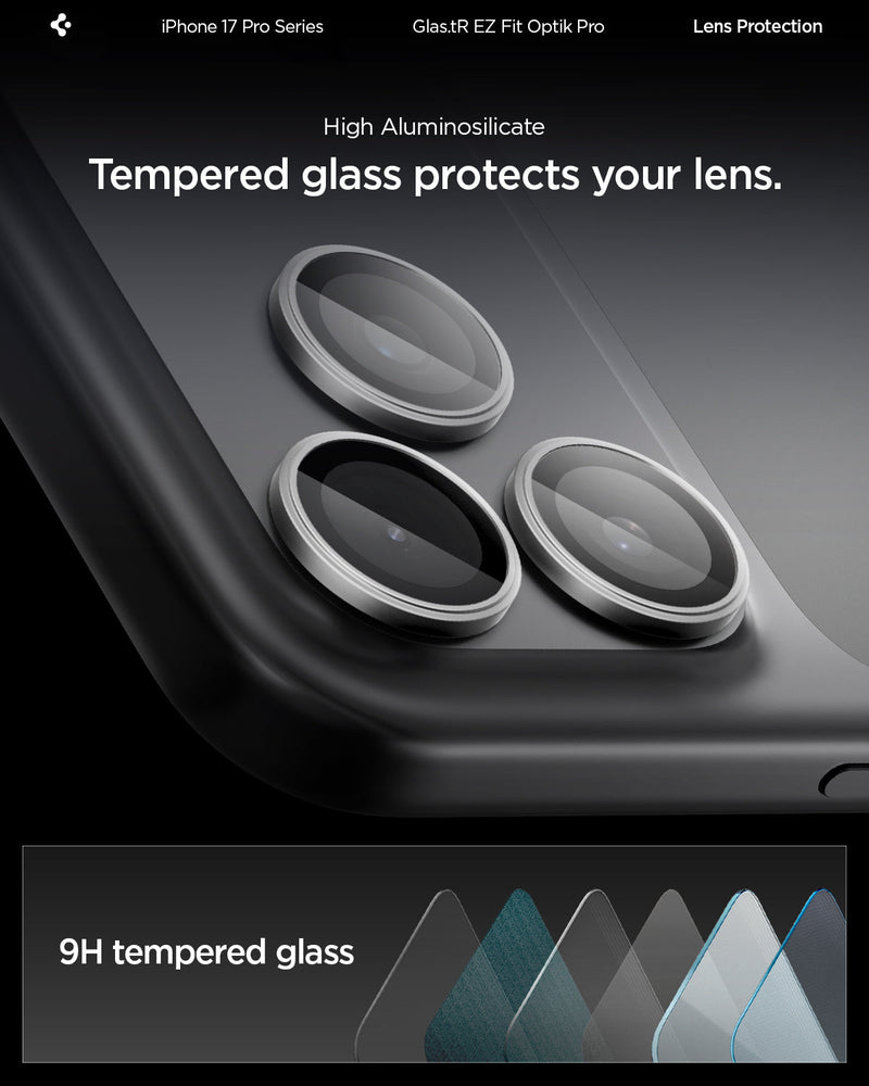 AGL10125 - iPhone 17 Pro Max Optik Pro EZ Fit Lens Protector in gray showing the high aluminosilicate. Tempered glass protects your lens.