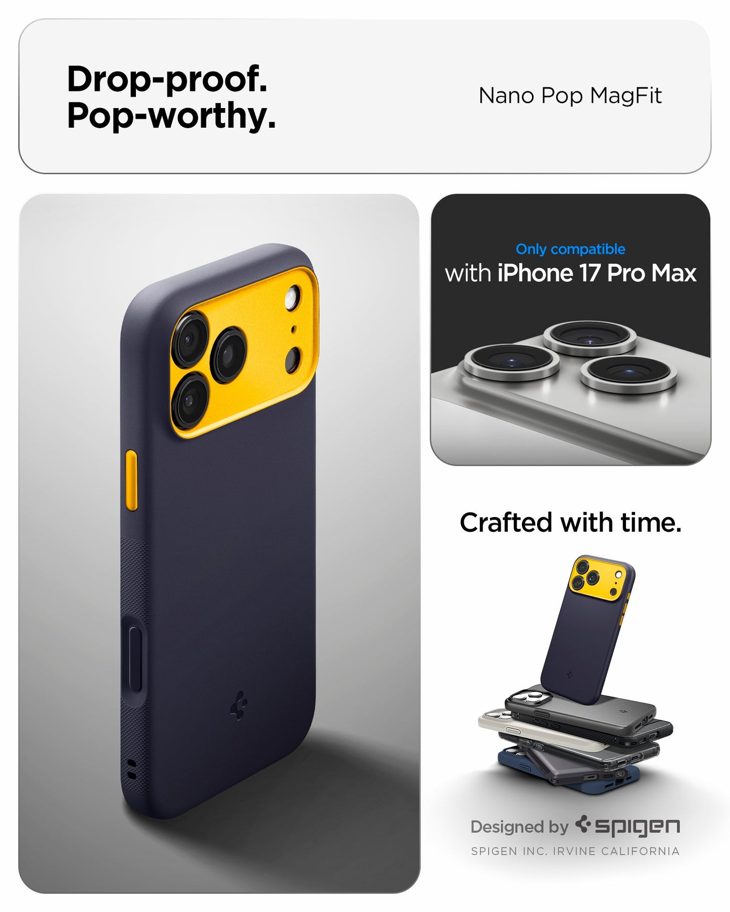 ACS09913 - iPhone 17 Pro Max Case Nano Pop (MagFit) in blueberry navy showing the drop proof and pop worthy of case