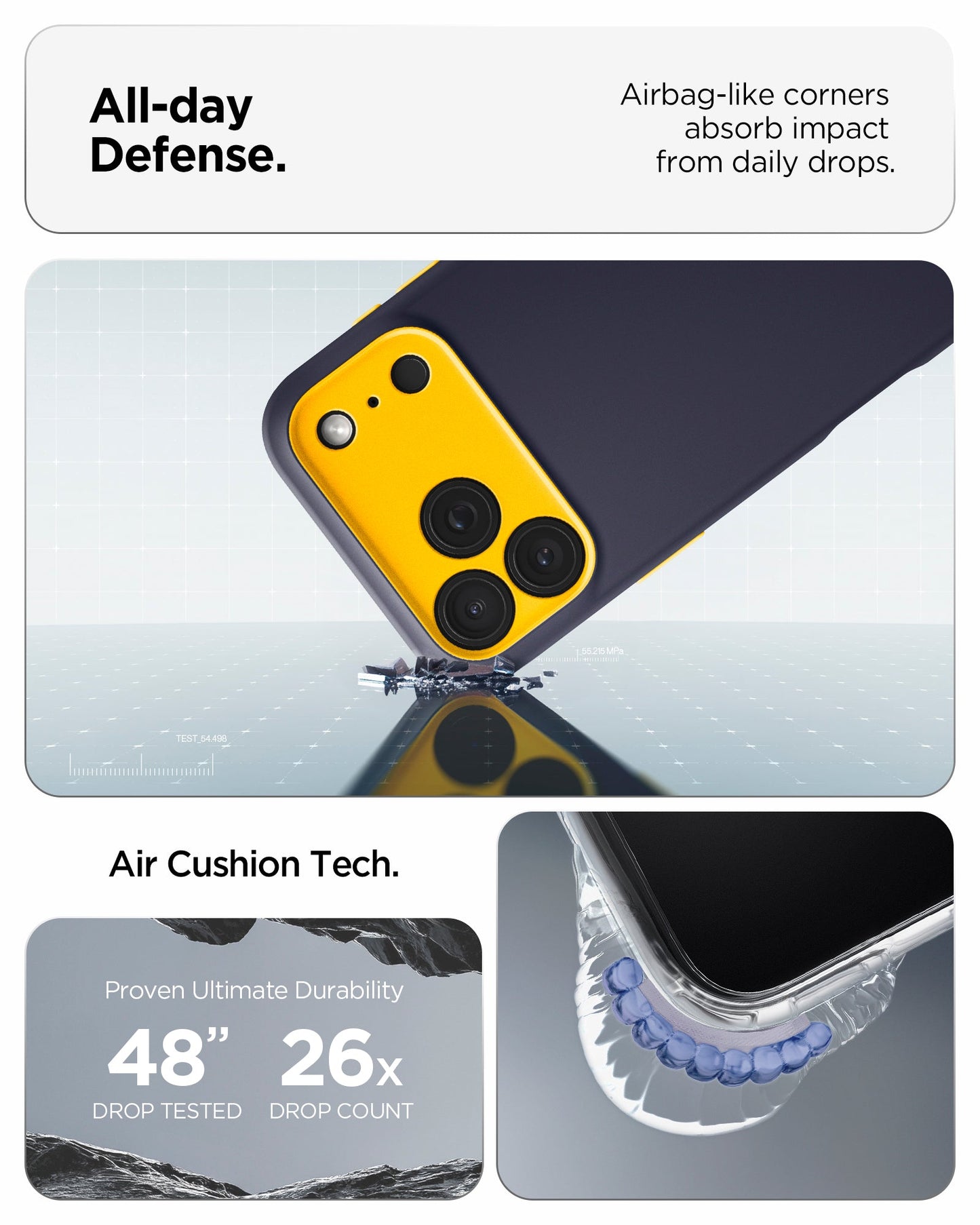 ACS09913 - iPhone 17 Pro Max Case Nano Pop (MagFit) in blueberry navy showing the all day defense with airbag like corners that absorb impact from daily drops