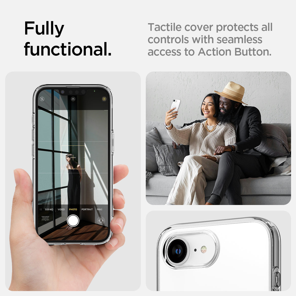 ACS09127 - iPhone 17e Case Crystal Flex (MagFit) in Clear White showing the full function. Tactile cover protects all controls with seamless access to Action Button