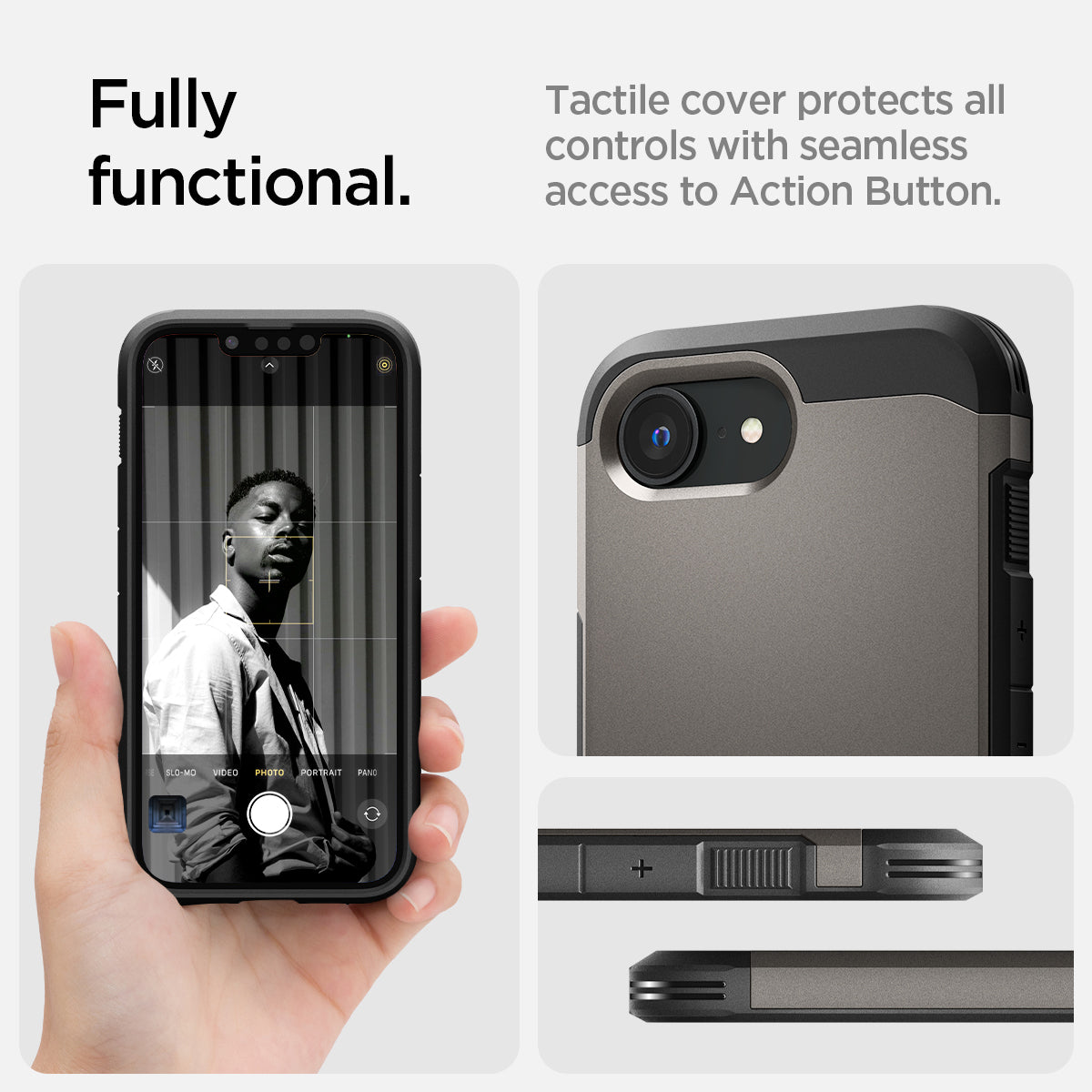 ACS09136 - iPhone 17e Case Tough Armor AI (MagFit) in Gunmetal showing how it is fully functional. Tactile cover protects all controls with seamless access to Action Button
