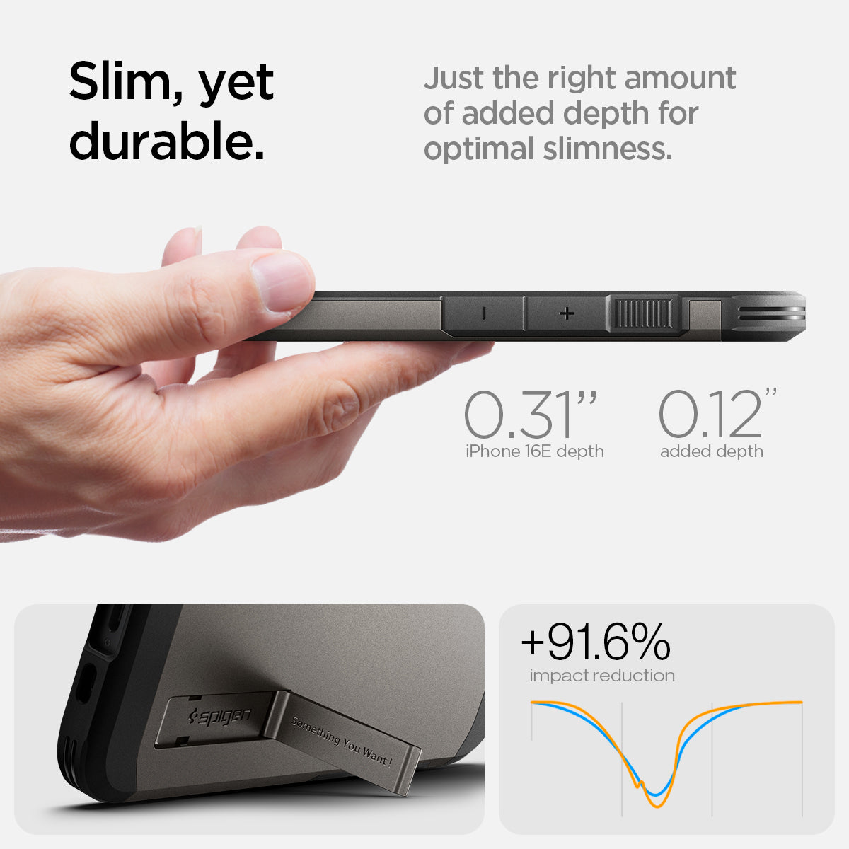 ACS09136 - iPhone 17e Case Tough Armor AI (MagFit) in Gunmetal showing the slim, yet durable. Just the right amount of added depth for optimal slimness. 0.31" iPhone 16E depth 0.12" added depth | +91.6% impact reduction