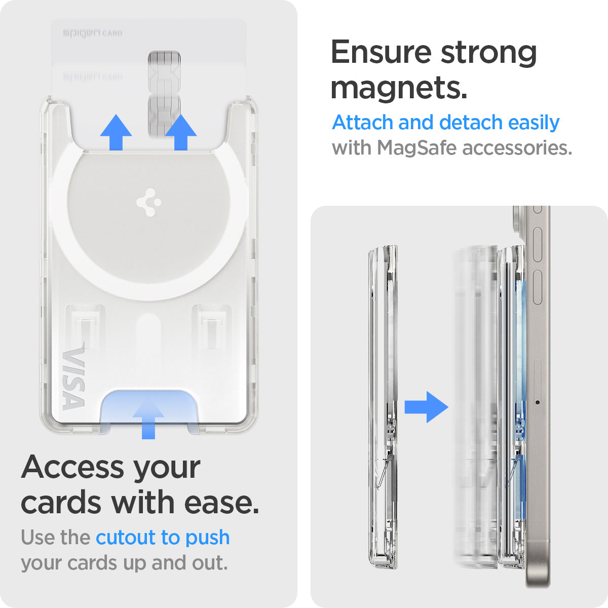 AFA07148 - Ultra Hybrid MagFit Wallet (MagFit) in Crystal Clear showing the access your cards with ease, use the cutout to push your cards up and out, ensure strong magnets, attach and detach easily, with magsafe accessories