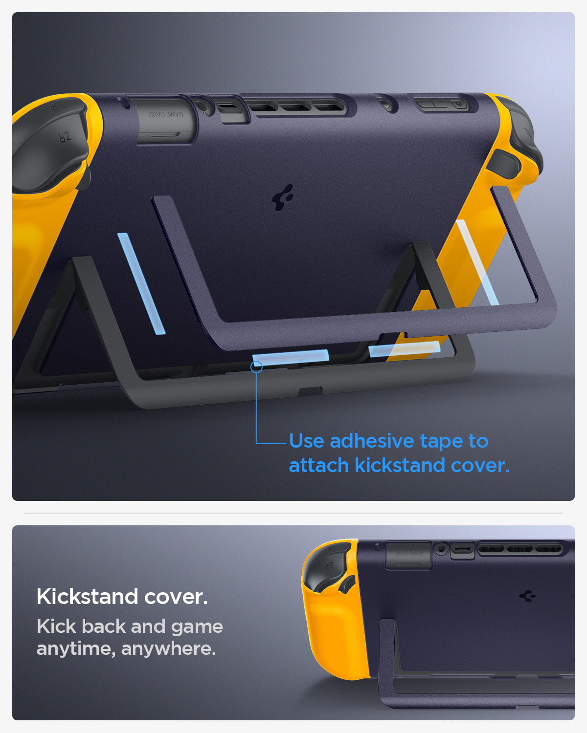 ACS10205 - Nintendo Switch 2 Case Nano Pop in Blueberry Navy use adhesive to attach kickstand cover. Kick back and game anytime, anywhere.