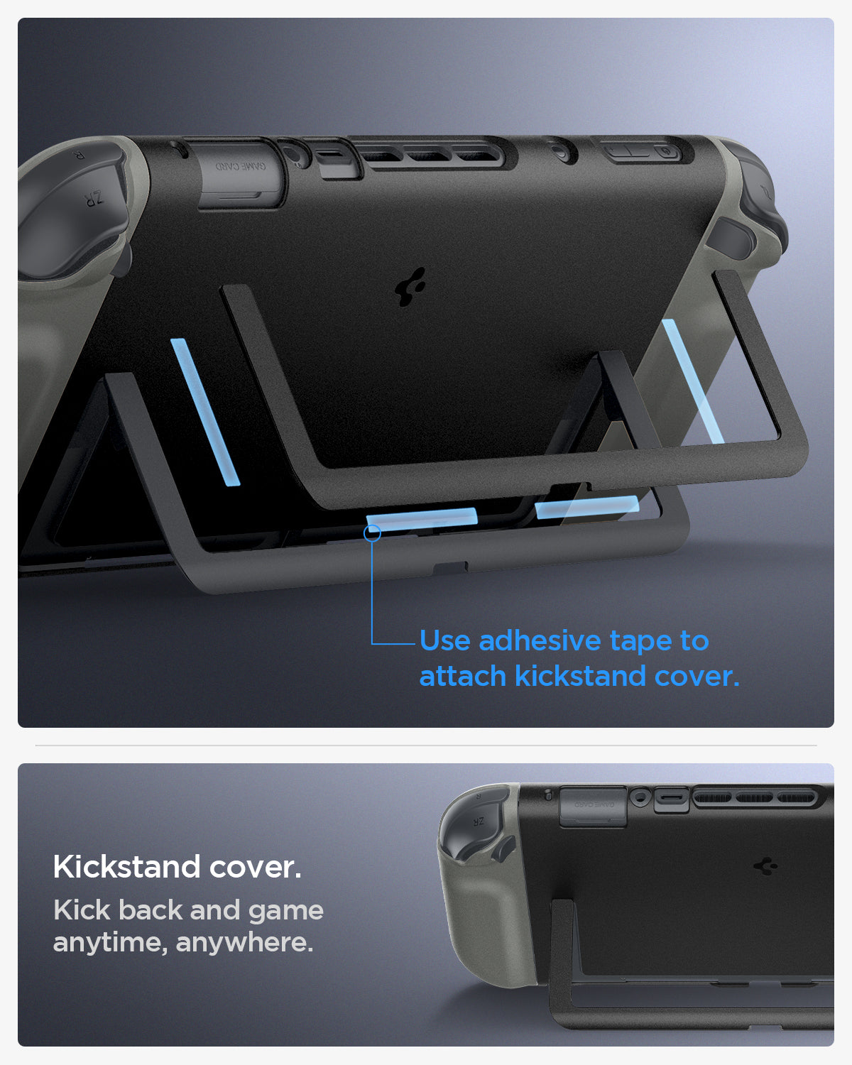 ACS09343 - Nintendo Switch 2 Case Nano Pop in Black Sesame use adhesive to attach kickstand cover. Kick back and game anytime, anywhere.