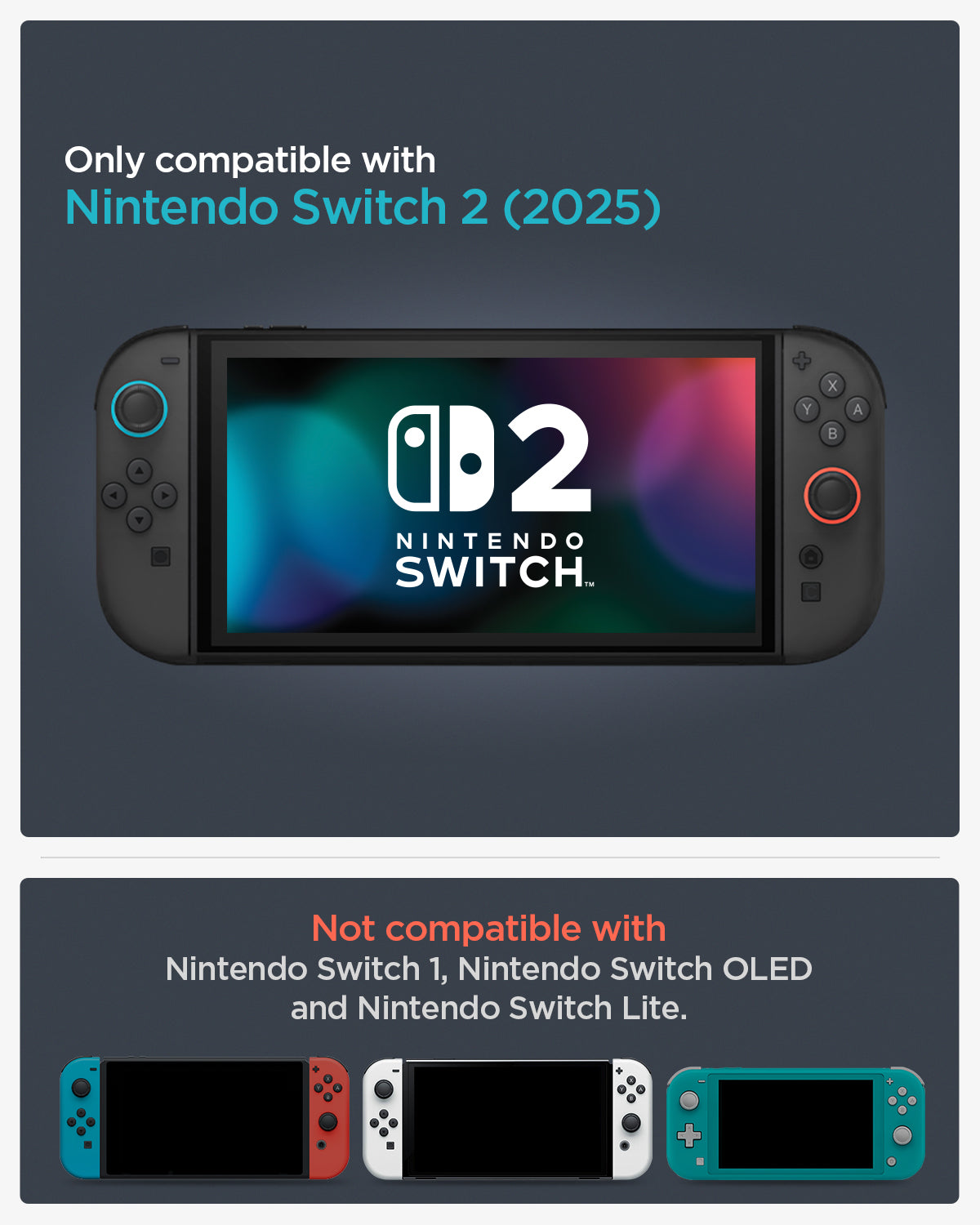 ACS09075 - Nintendo Switch 2 Rugged Armor in Matte Black showing the compatibility. Only compatible with Nintendo Switch 2 (2025) and not compatible with Nintendo Switch 1, Nintendo Switch OLED and Nintendo Switch Lite