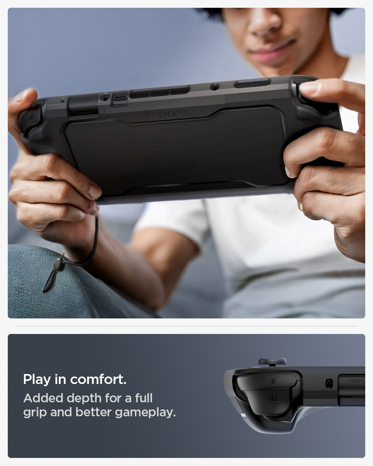 ACS09075 - Nintendo Switch 2 Rugged Armor in Matte Black showing the comfort of playing. Added depth for a full grip and better gameplay