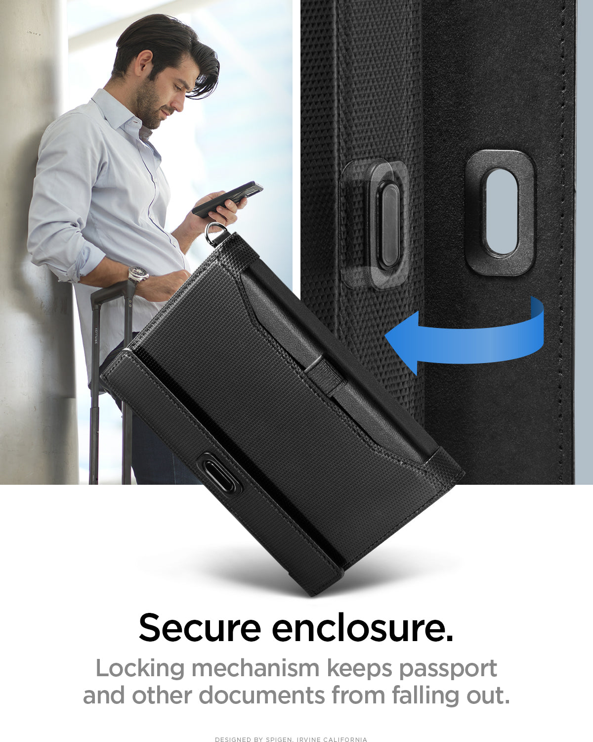 AFA05538 - Passport Holder in black showing the secure enclosure, locking mechanism keeps passport and other documents from falling out