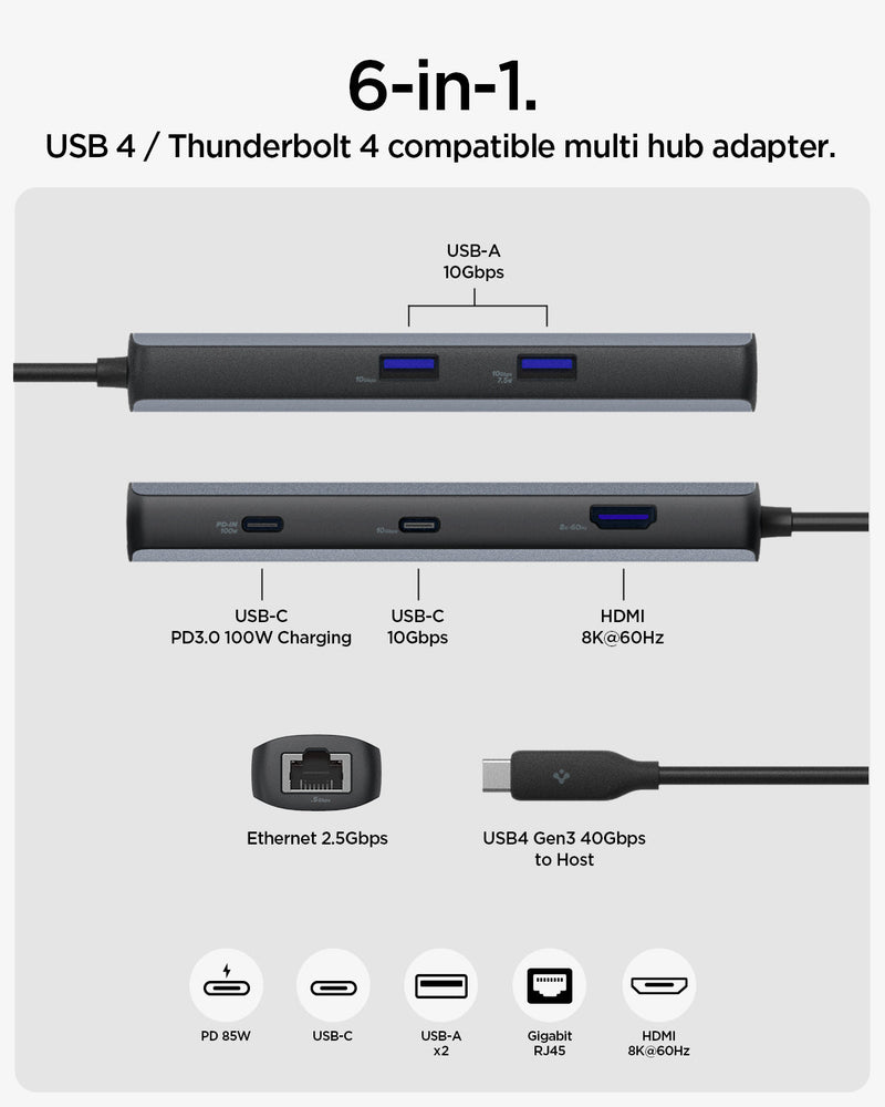 ACA06193 - ArcDock Pro Multi Hub 6-in-1 PD2302 in Space Gray showing the 6-in-1 multi hub showing its parts and ports compatibility