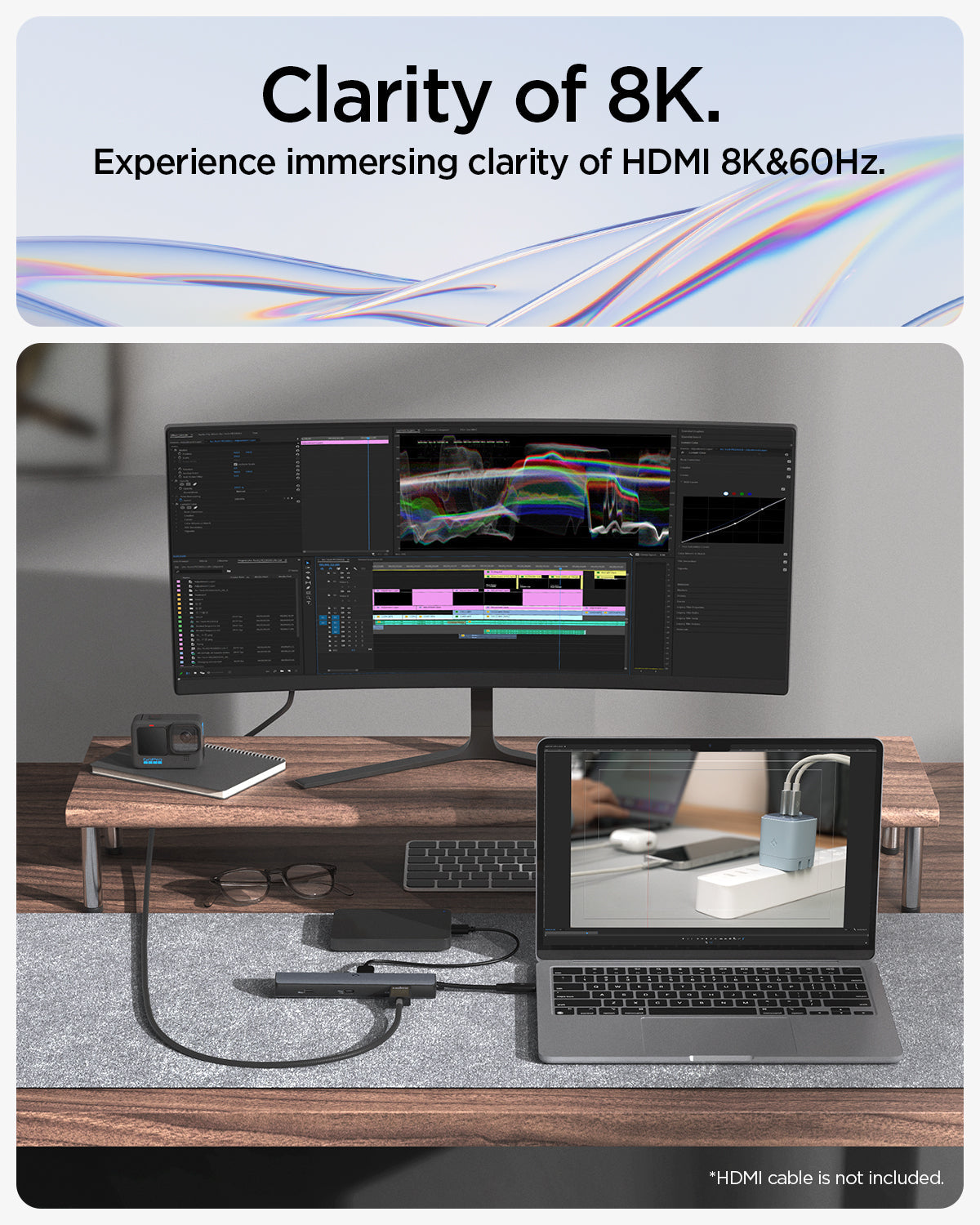 ACA06193 - ArcDock Pro Multi Hub 6-in-1 PD2302 in Space Gray showing the Immerse Into Clarity. HDMI 8K@60Hz. Showing two devices attached to a hub at the same time. 