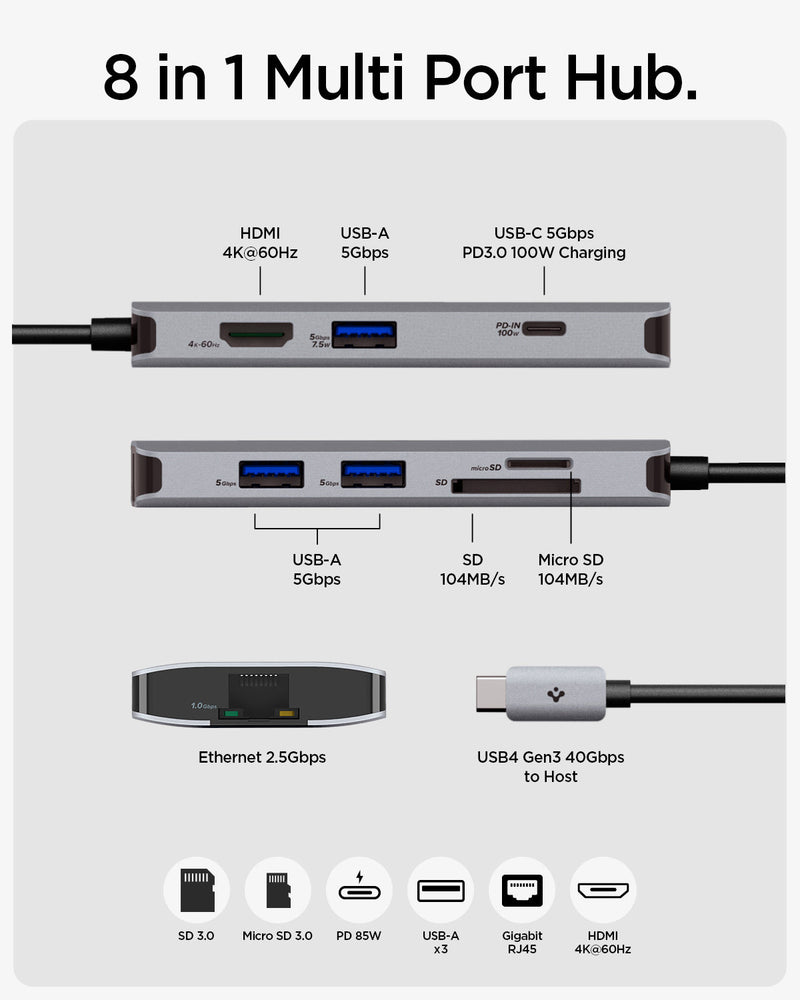 ACA06141 - ArcDock Multi Hub 8-in-1 PD2303 in Space Gray showing the 8 in 1 Multi Port Hub. different parts and input power of a multi hub