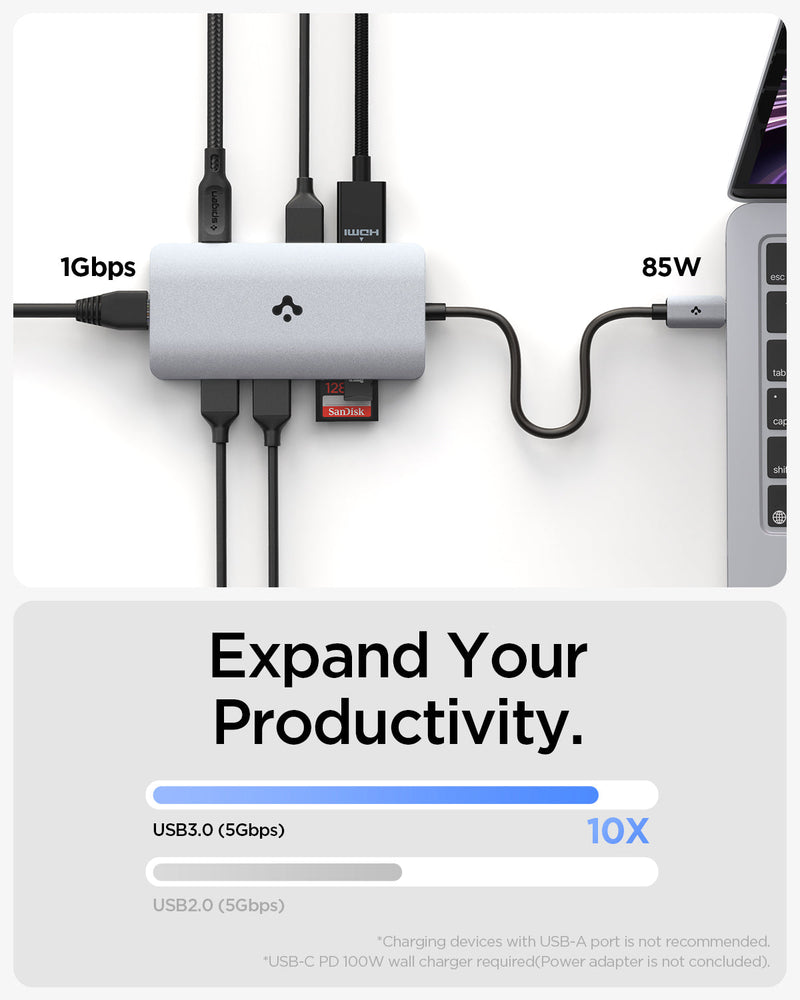 ACA06141 - ArcDock Multi Hub 8-in-1 PD2303 in Space Gray showing the Expand Your Productivity, USB 3.0 (5Gbps) 10x. Top of a multi hub (1Gbps) with different cables hovering in front of a hub with a card inserted and a device attached at the same time with 85W power