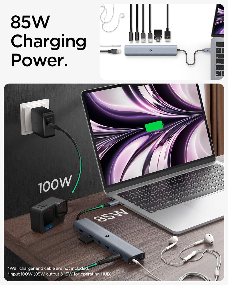 ACA06388 - ArcDock Multi Hub 9-in-1 PD2306 in Space Gray showing the 85W Charing Power. A multi hub (85W) attached to a device, a wall charger with a power (100W) attached to another device. Input 100W (85W output & 15W for operating HUB) 