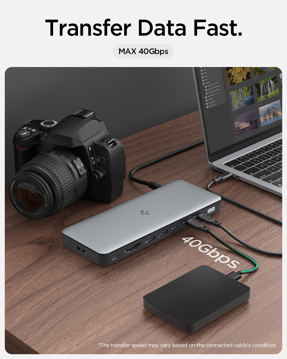 ACA06518 - ArcDock Pro Multi Hub PD2307 in Space Gray showing the Transfer Data Fast. Max 40Gbps. Multiple devices attached to it at the same time