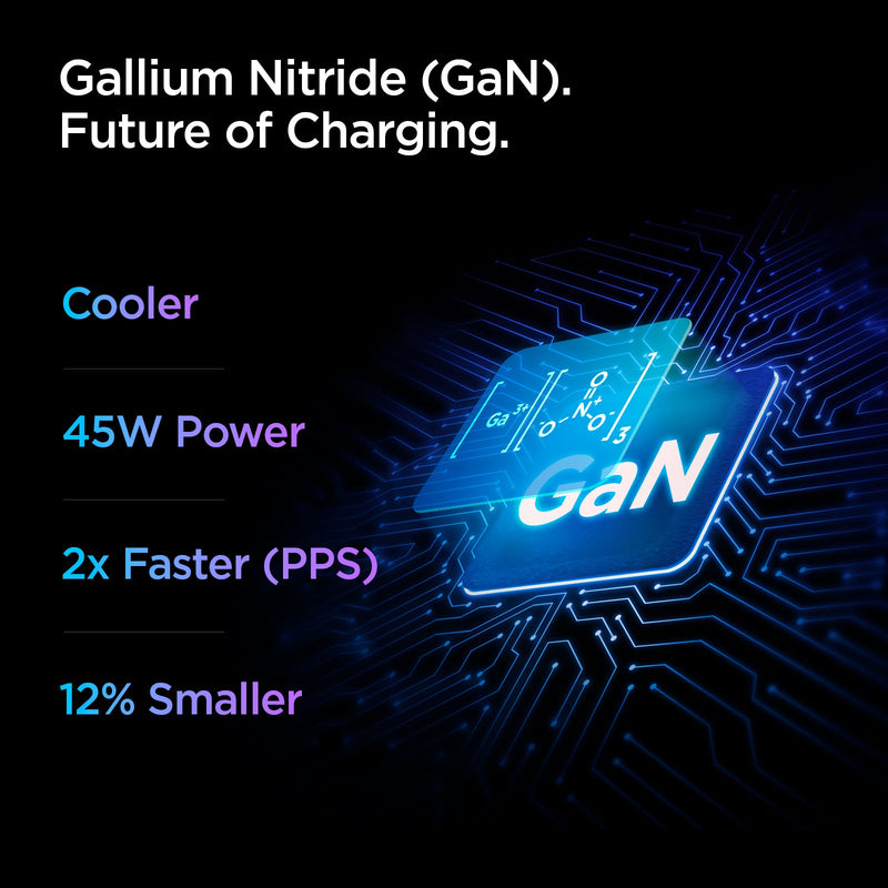 ACH03716 - ArcStation™ Pro GaN 452 Dual Port Wall Charger PE2105 in White showing the Gallium Nitride (GaN) Future of Charging. A chipset illuminating, cooler, 45W power, 2x Faster (PPS) and 12% Smaller 