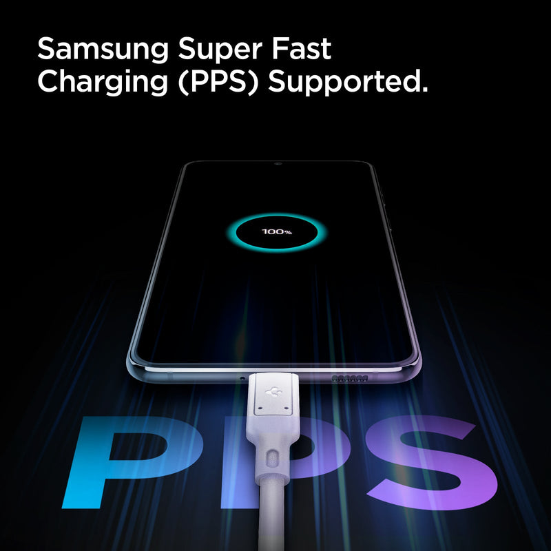 ACH03716 - ArcStation™ Pro GaN 452 Dual Port Wall Charger PE2105 in White showing Samsung Super Fast Charging (PPS) Supported. A device showing front with a charger cord attached, indicating a 100% battery 