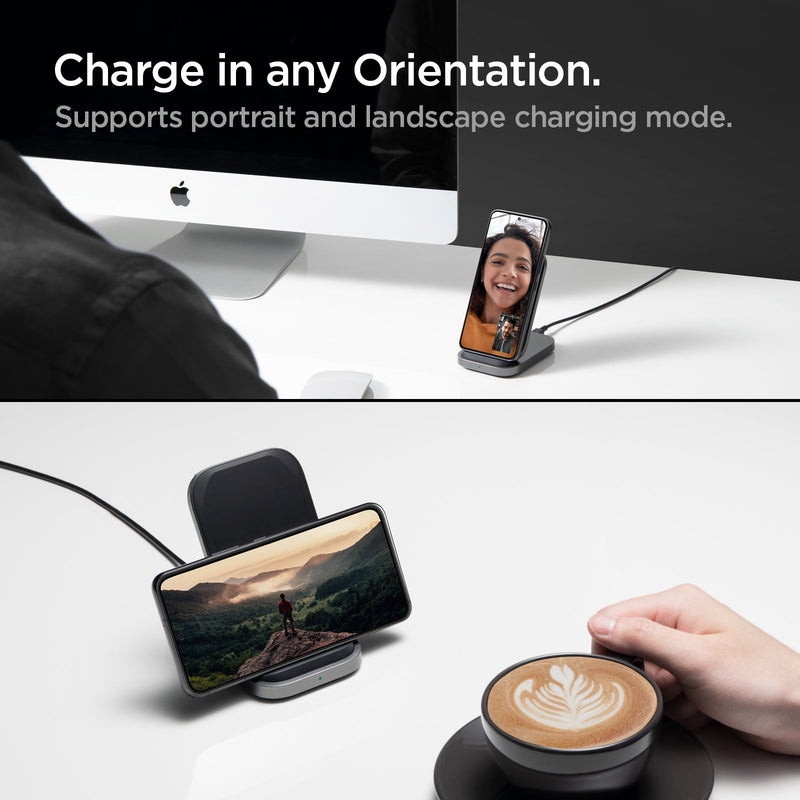 ACH06254 - ArcField™ 15W Wireless Charger PF2102 in Black showing the Charge in any Orientation. Supports portrait and landscape charging mode. a Device charging vertically while on a facetime video call and a device charging horizontally with a video on the screen on a coffee table