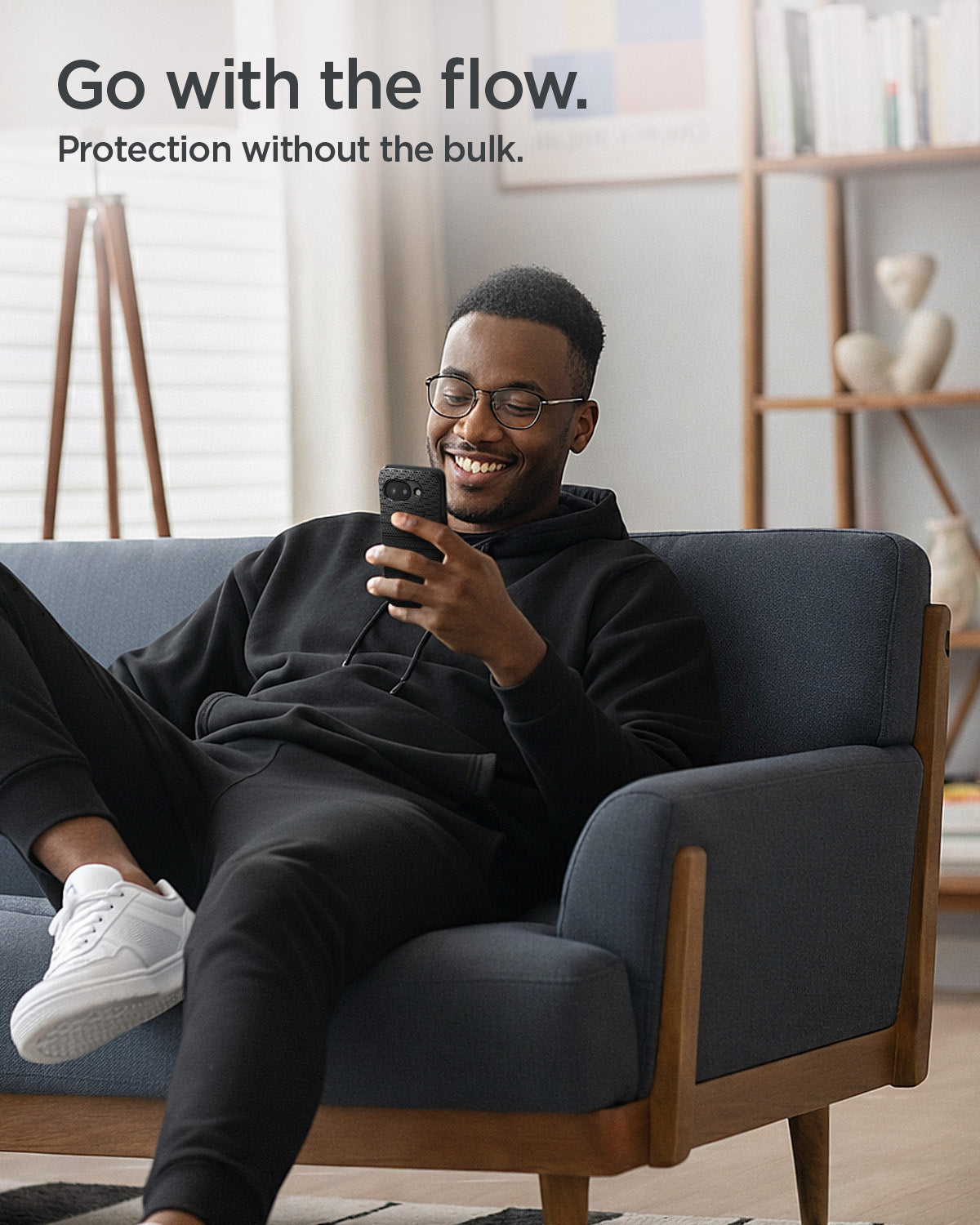 ACS11285 - Pixel 10a Liquid Air in Matte Black showing go with the flow. protection without the bulk