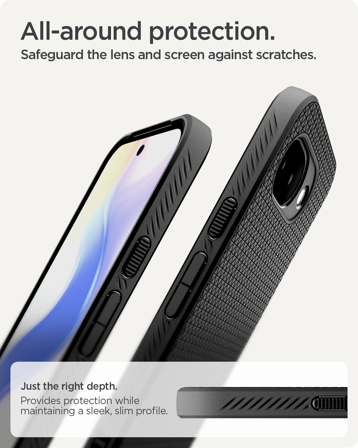 ACS11285 - Pixel 10a Liquid Air in Matte Black showing all around protection. safeguard the lens and screen against scratches