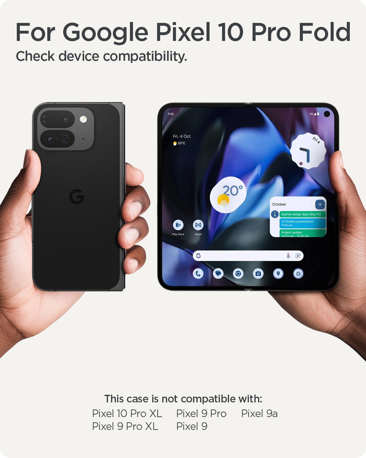 ACS09741 - GajPFD Case Slim Armor Pro (MagFit) in black showing the compatibility. Only compatible with Pixel 10 Pro Fold. Not compatible with Pixel 10 Pro XL, Pixel 9 / 9 Pro / 9 Pro XL / 9a.