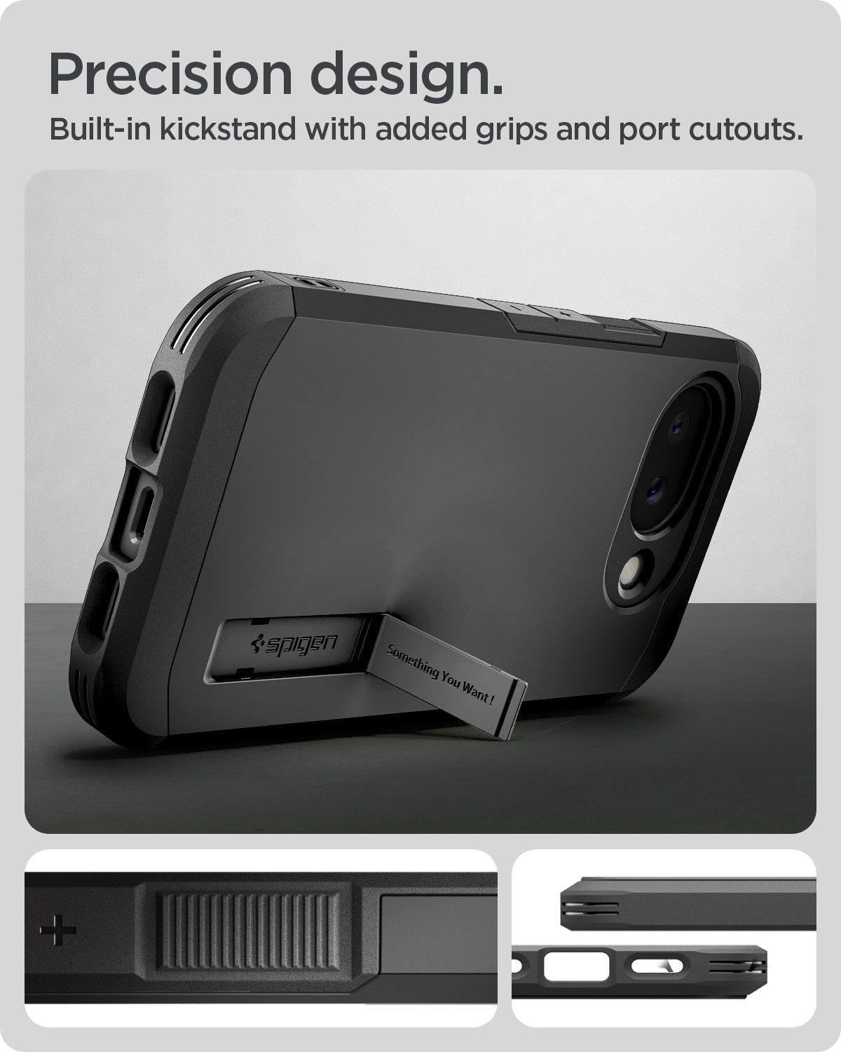 ACS11280 - Pixel 10a Tough Armor (Mag Fit) in Black showing precise design. built in kickstand with added grips and port cutouts