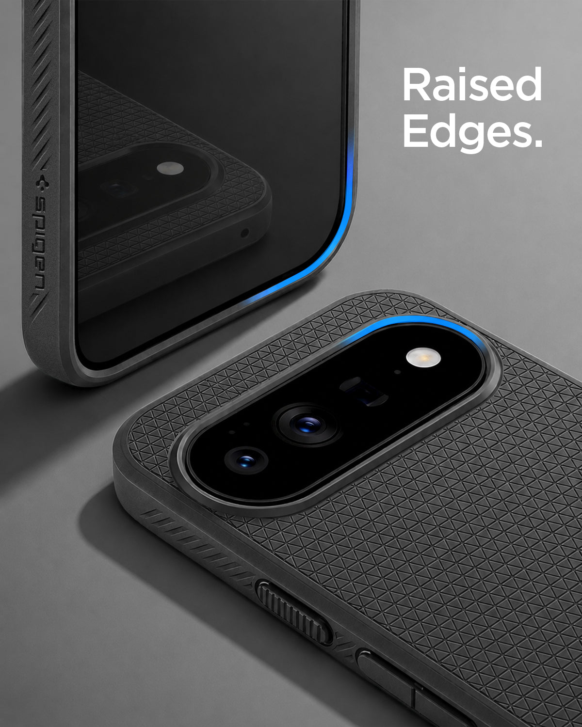 ACS11448 - Pixel 11 Pro XL Matte Black close up highlighting the raised edges around the display and camera for added protection.
