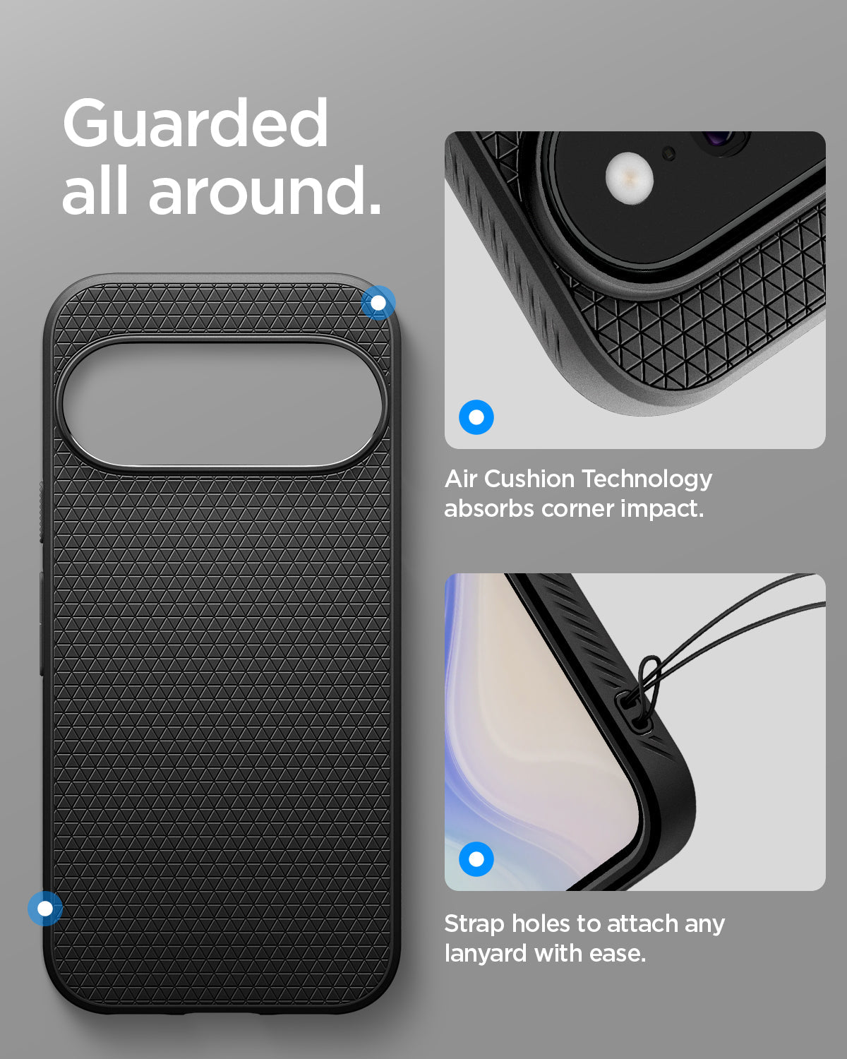 ACS11448 - Pixel 11 Pro XL Matte Black close up highlighting Air Cushion Technology, raised edges, and integrated strap holes.