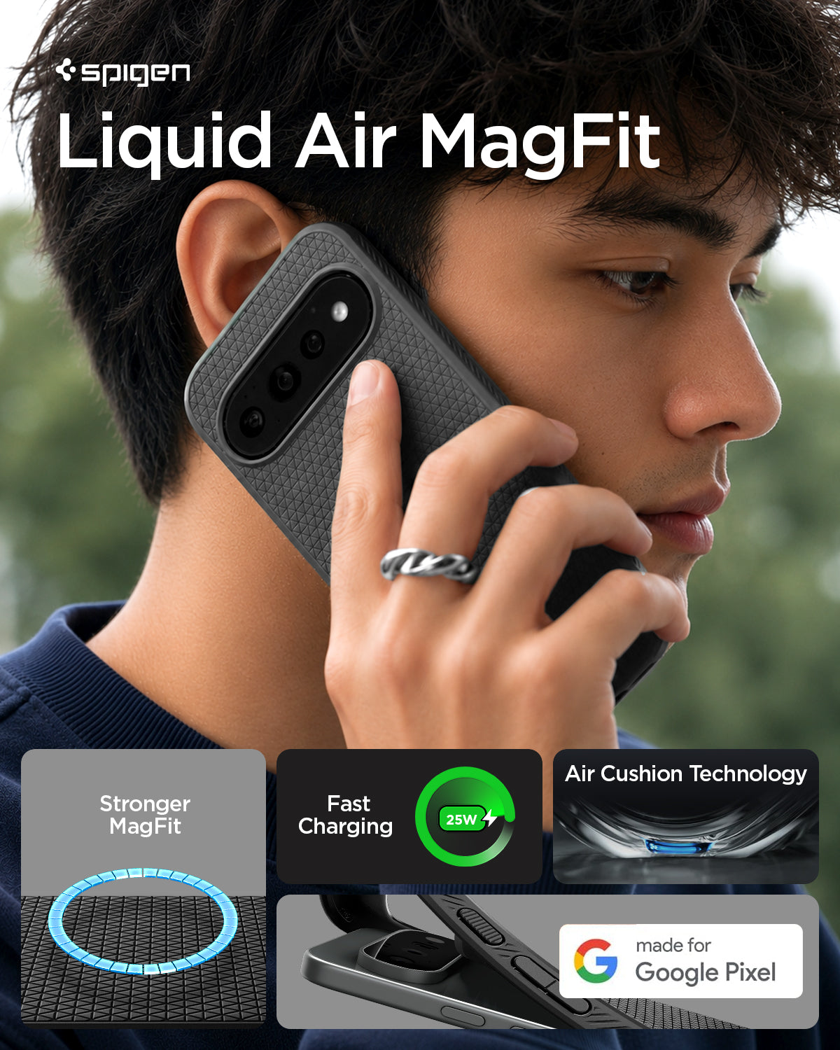 ACS11449 - Pixel 11 Pro XL Liquid Air (Mag Fit) Matte Black person holding the Liquid Air MagFit case featuring a geometric textured pattern, built in magnetic ring, and Air Cushion Technology.