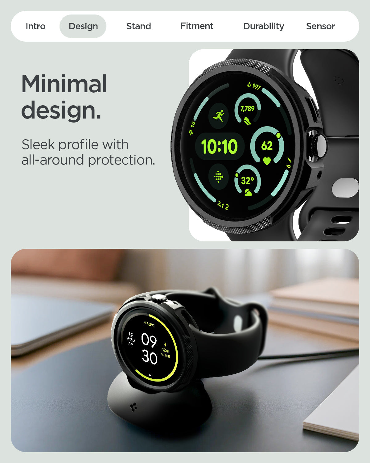 ACS11222 - Pixel Watch 5 (45mm) Liquid Air Matte Black showing the minimal design. Sleek profile with all around protection