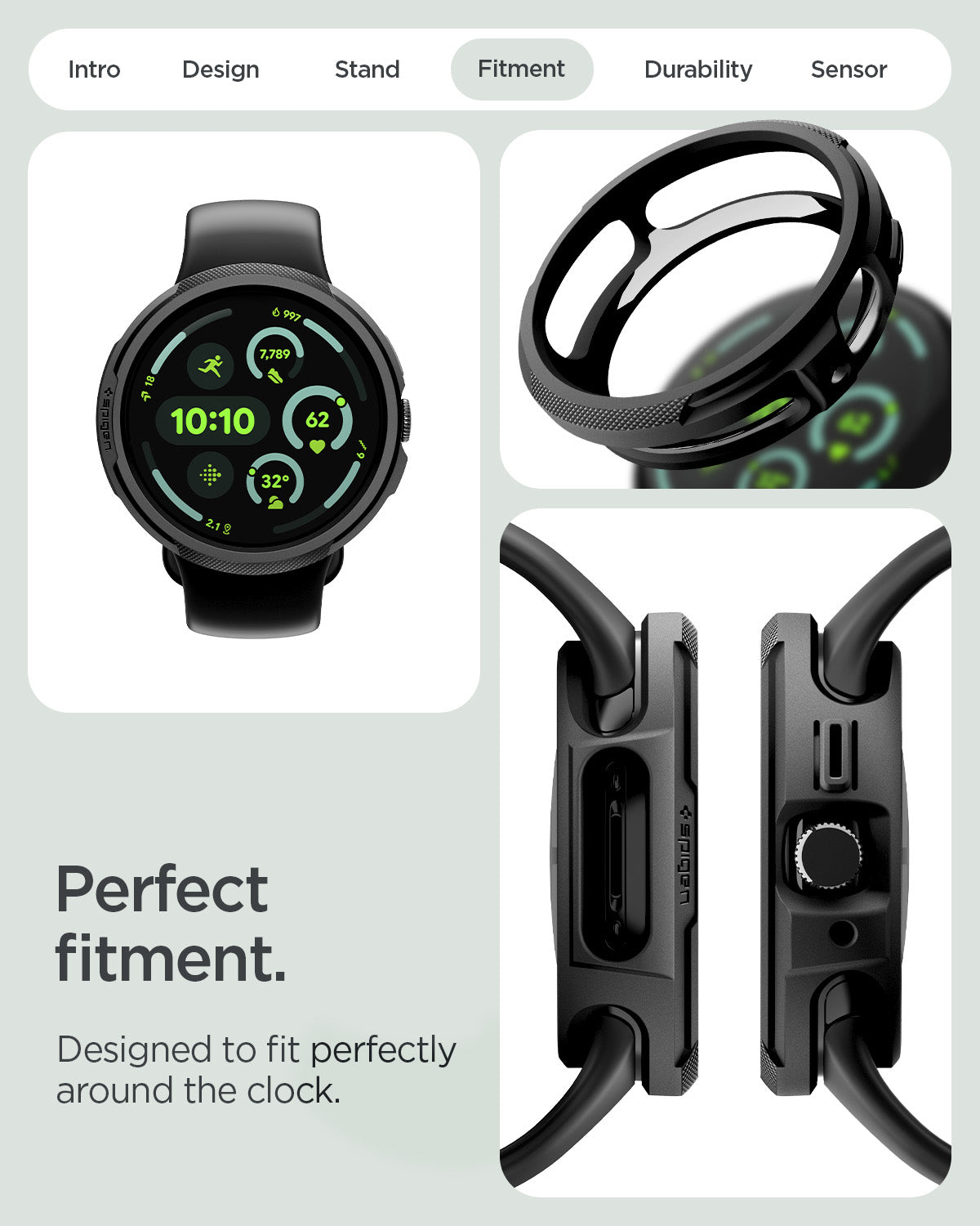 ACS11222 - Pixel Watch 5 (45mm) Liquid Air Matte Black showing the prefect fitment. Designed to fit perfectly around the clock